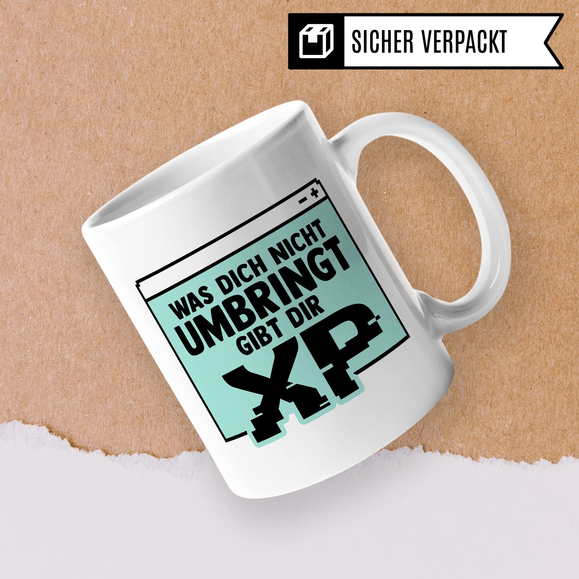 Gamer Tasse, Was dich nicht umbringt gibt dir XP Geschenkidee für Computerspieler und Zocker Kaffee-Becher Geschenk Nerd Gaming Kaffeetasse mit Spruch lustig