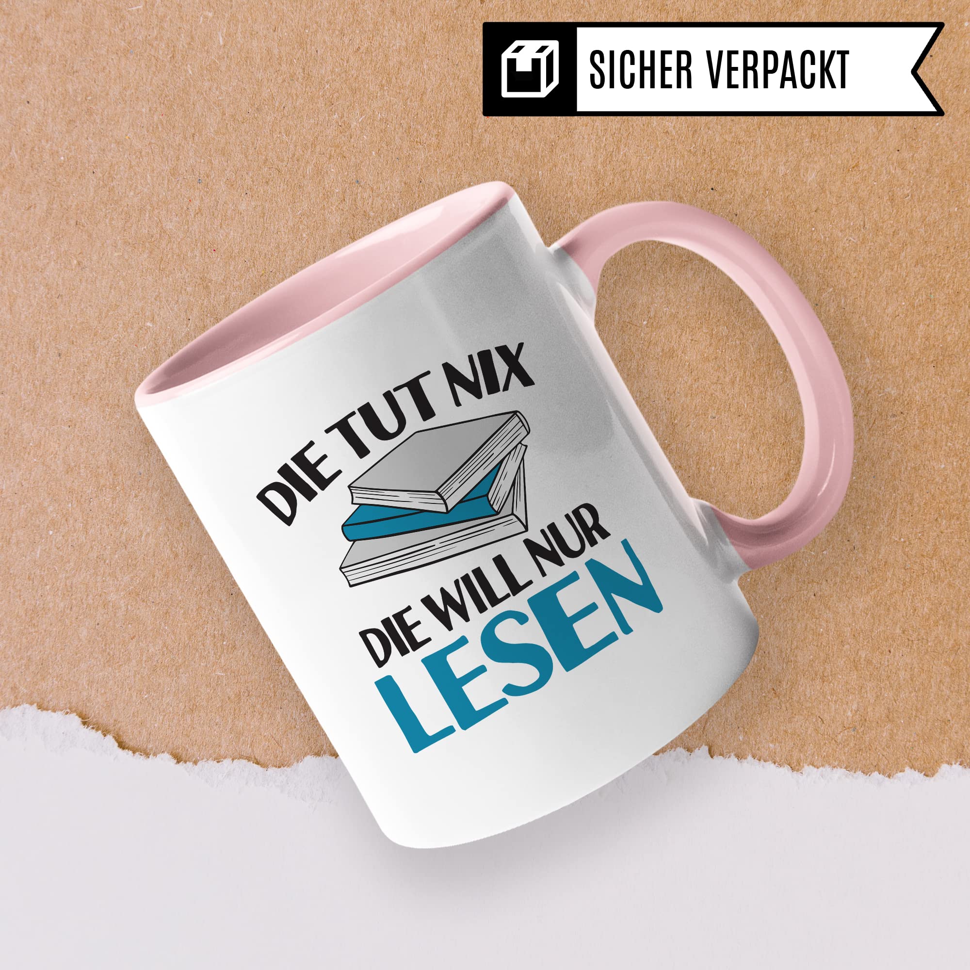 Lesen Tasse lustig Kaffeetasse mit Spruch Bücherwurm Geschenkidee Humor Kaffee-Becher Leseratte Geschenk Die tut nix Die will nur lesen Freundin Kollegin Buch Fan Geschenkartikel lustig Teetasse