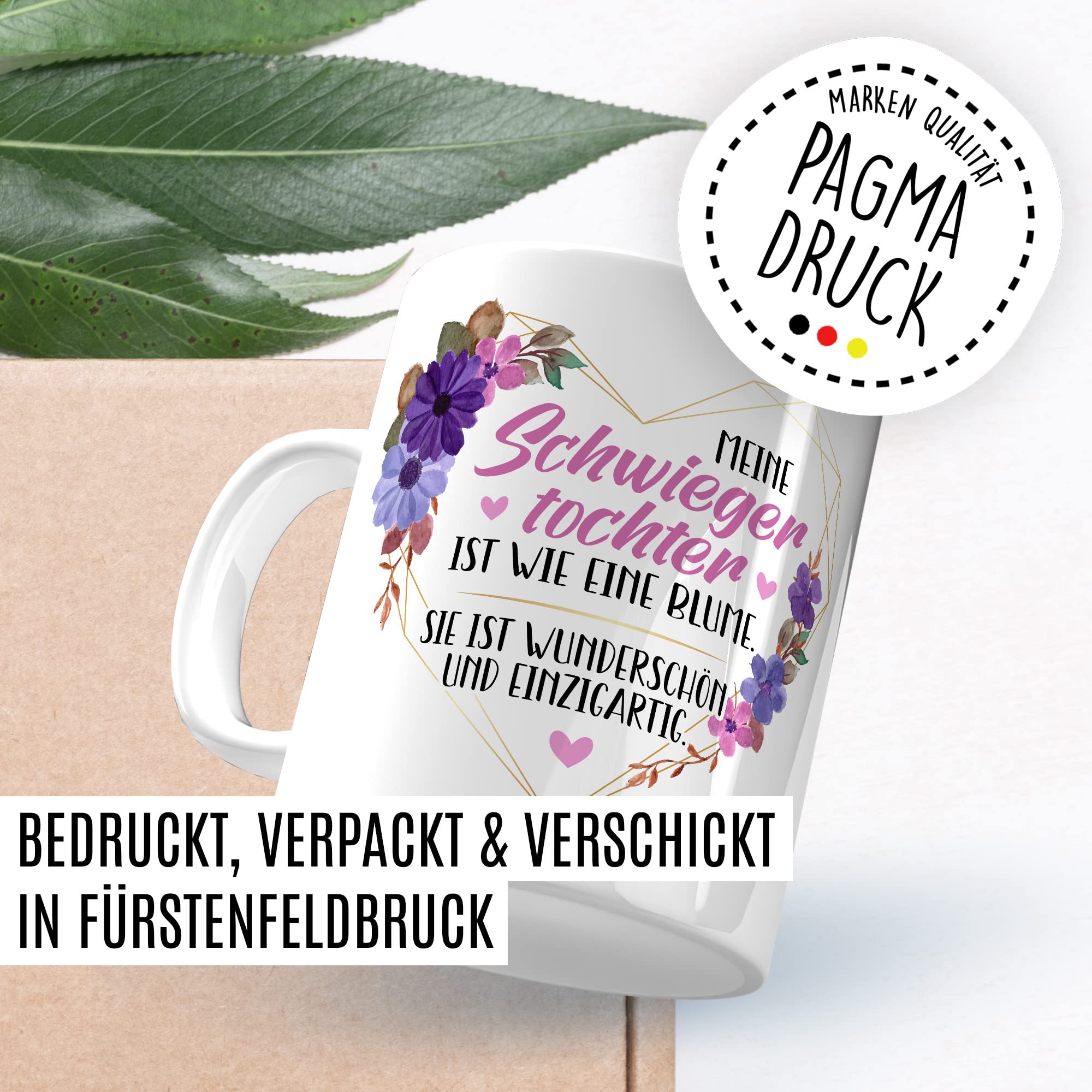 Schwiegertochter Tasse Geschenk Hochzeit Kaffeetasse Geschenkidee Schwiegereltern Kaffee-Becher mit Spruch Wie eine Blume wunderschön und einzigartig