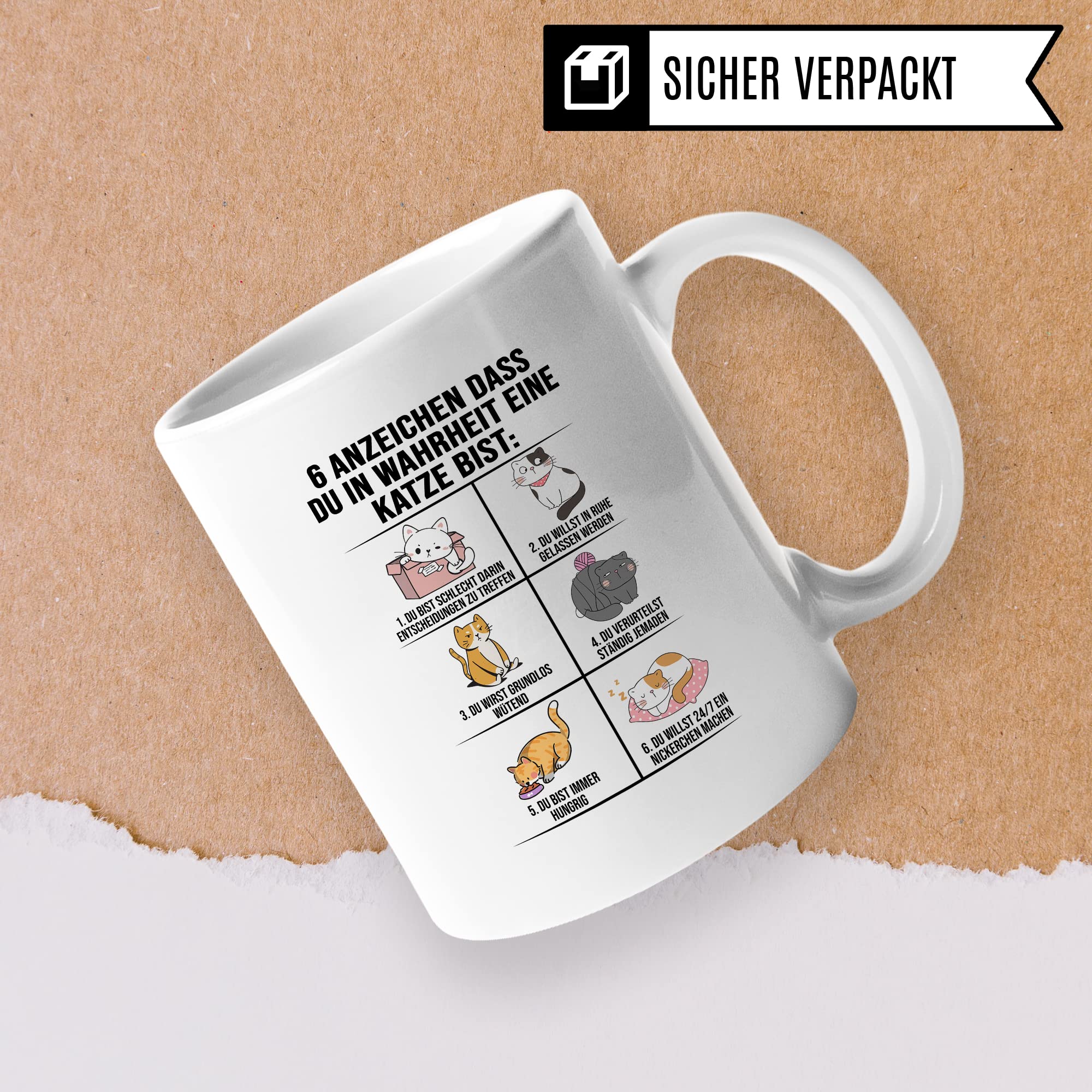 Lustige Tasse Katzen Kaffeetasse Humor Kaffee-Becher mit Spruch Katze Witz 6 Anzeichen dass du eine Katze bist Witz Katzenmama Geschenk Geschenkidee für Katzenliebhaber