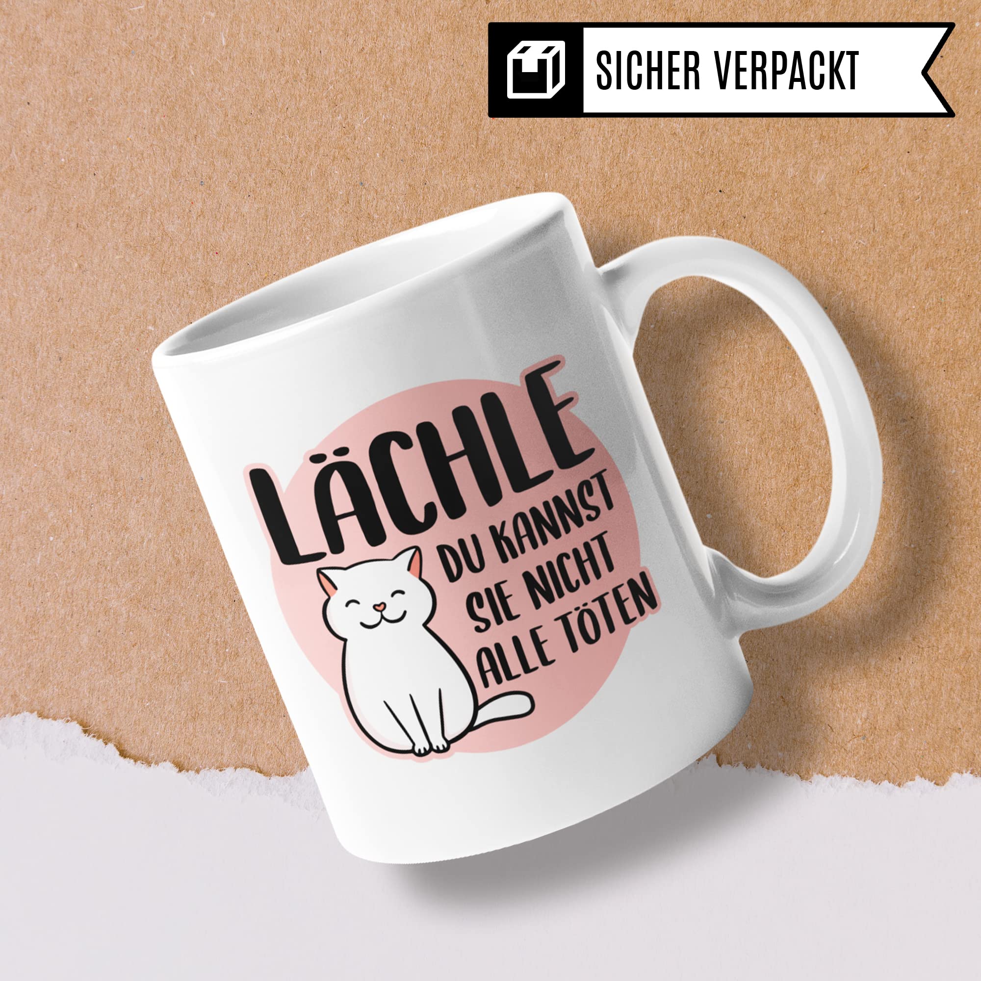 Tasse lustig mit Spruch Lächle du kannst sie nicht alle töten - Kaffee Katzen Lieblingstasse mit Katzenmotiv - Geschenk für Arbeit Büro Katze Kollegin Frauen Freundin Kaffee-Becher