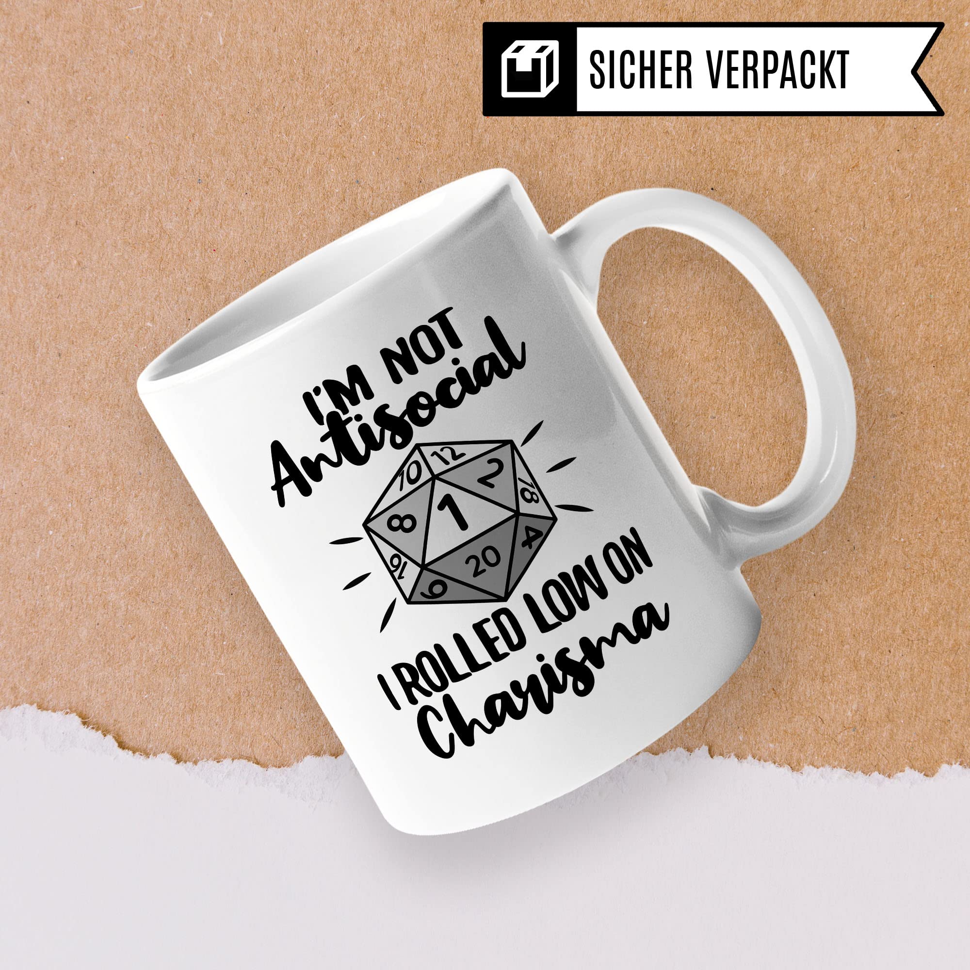 DnD Roleplay Tasse, I'm not Antisocial - I rolled low on Charisma Spruch, Geschenk Rollenspiel Spruch D20 Dice, Pen & Paper Tabletop D20 Würfel Motiv Kaffee-Becher Geschenkidee