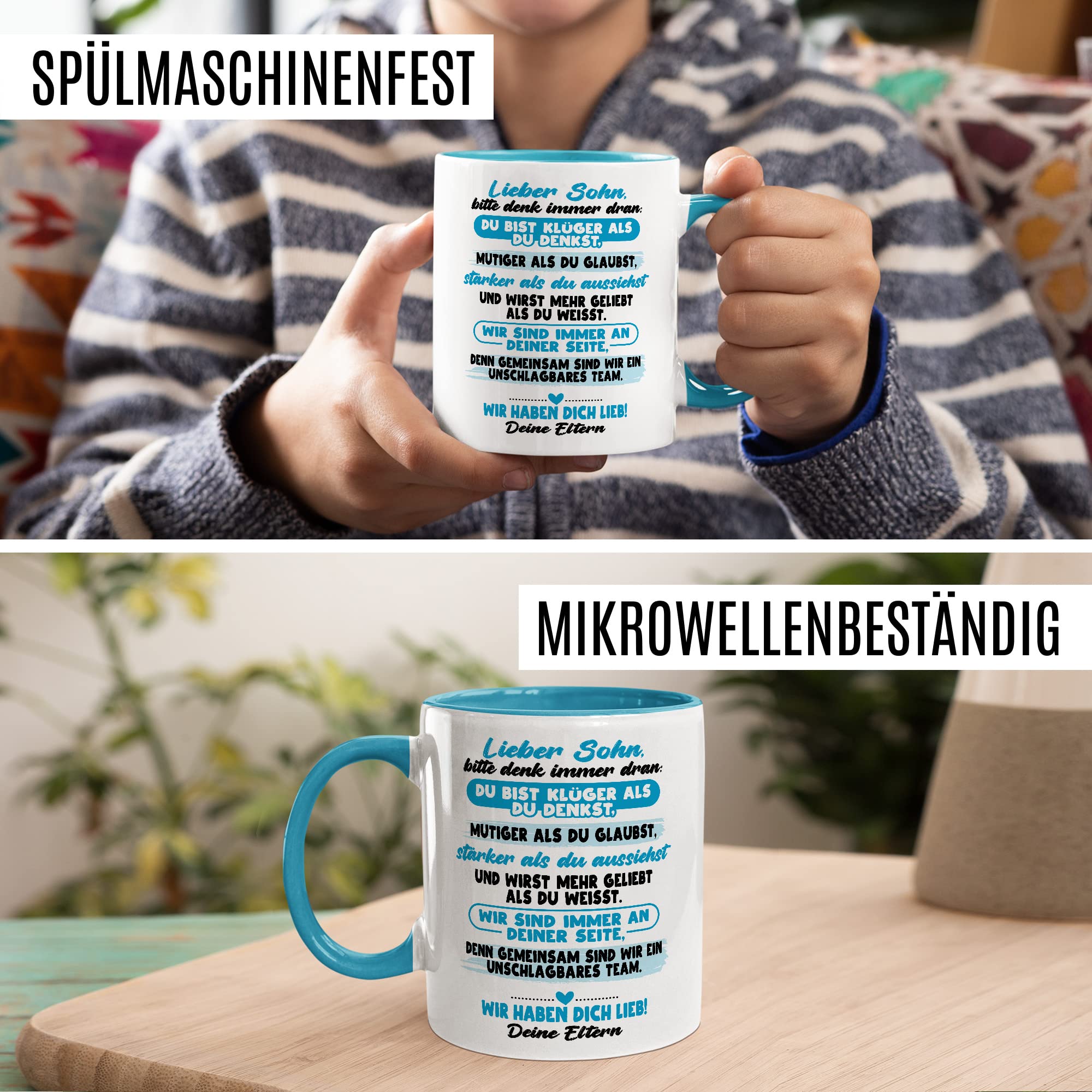 Sohn Auszug Tasse Einweihungsgeschenk Kaffeetasse Eltern ausziehen Kaffee-Becher Vater Mutter Geschenk eigene Wohnung Geschenkidee Umzug Kind Wir haben dich Lieb Spruch