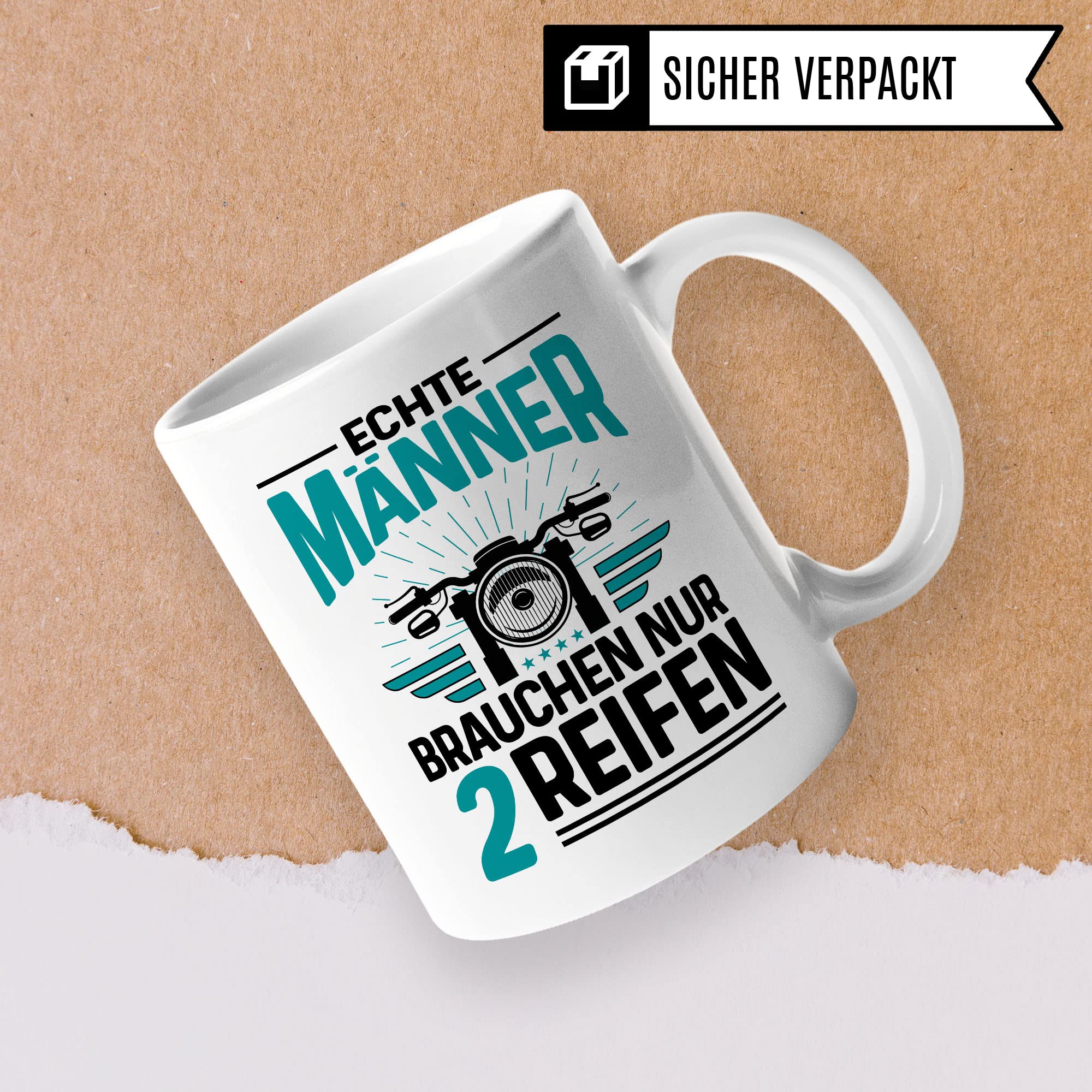 Tasse Motorrad Geschenk-Artikel , Echte Männer brauchen nur 2 Reifen Biker Spruch lustig Motiv Geschenkidee Kaffeetasse Motorradfahrer Männer Kaffee-Becher