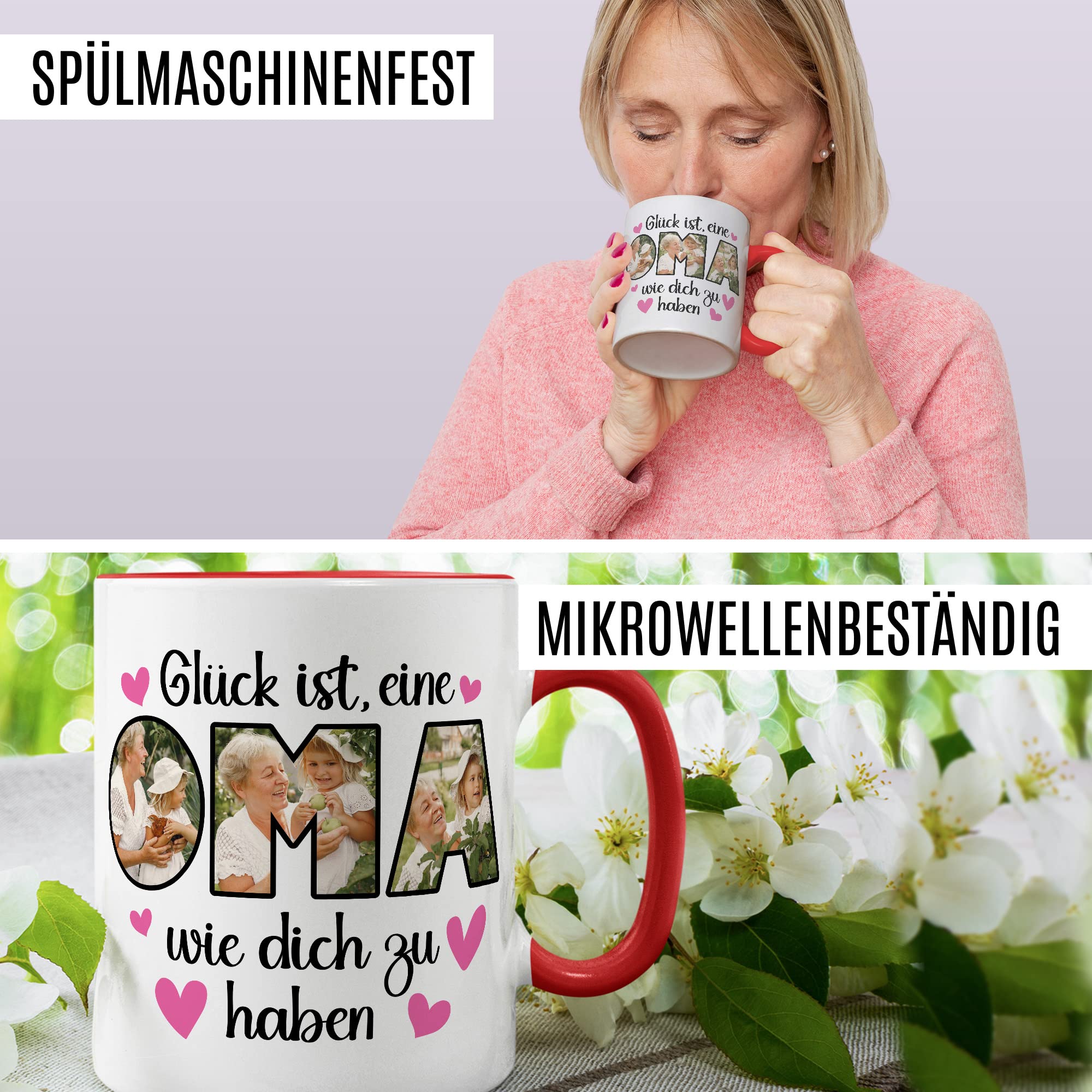 Oma Tasse personalisliert mit Bild, Glück ist eine Oma wie dich zu haben, Geschenk personalisierbar Großmutter Spruch Enkelkinder Geschenkidee Enkel Kaffeetasse