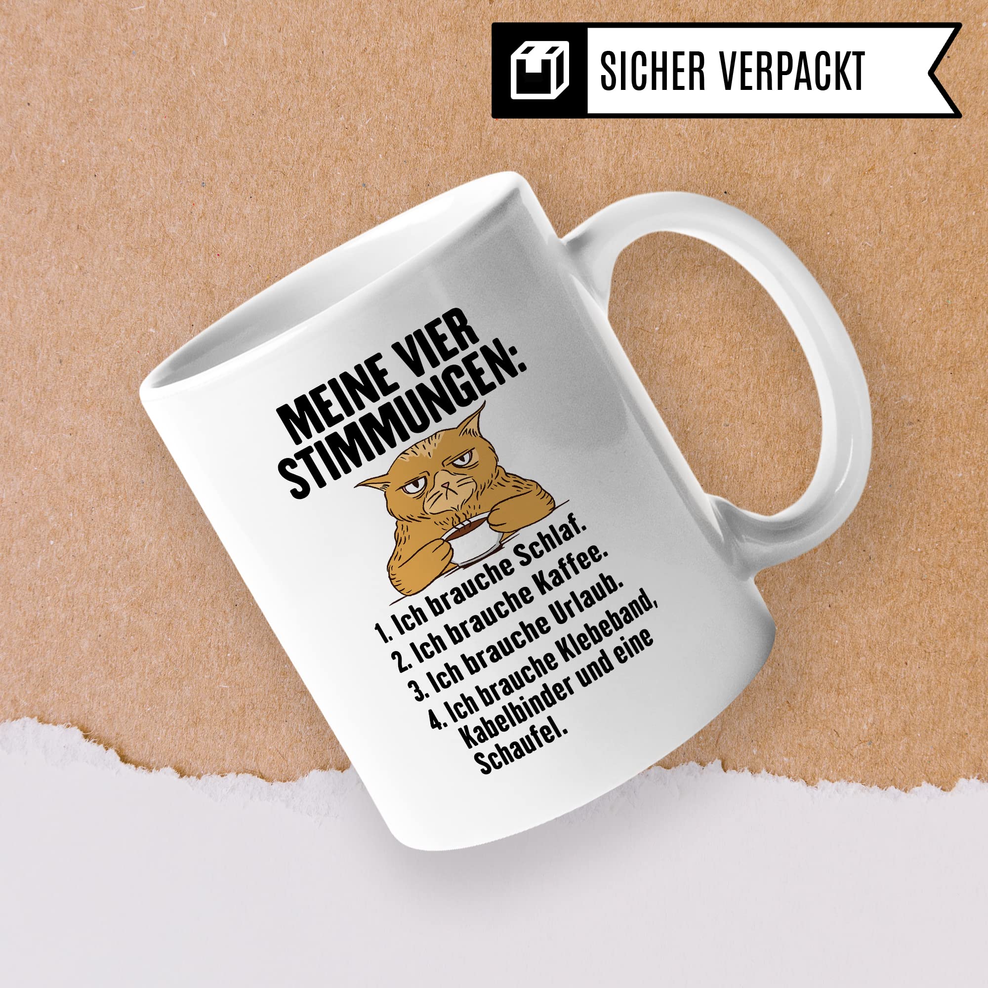 Tasse Humor Geschenk, Meine vier Stimmungen Kaffeetasse mit Spruch lustig Geschenkidee Kaffee-Becher Flachwitz humorvolle Teetasse Witzbold Humortasse