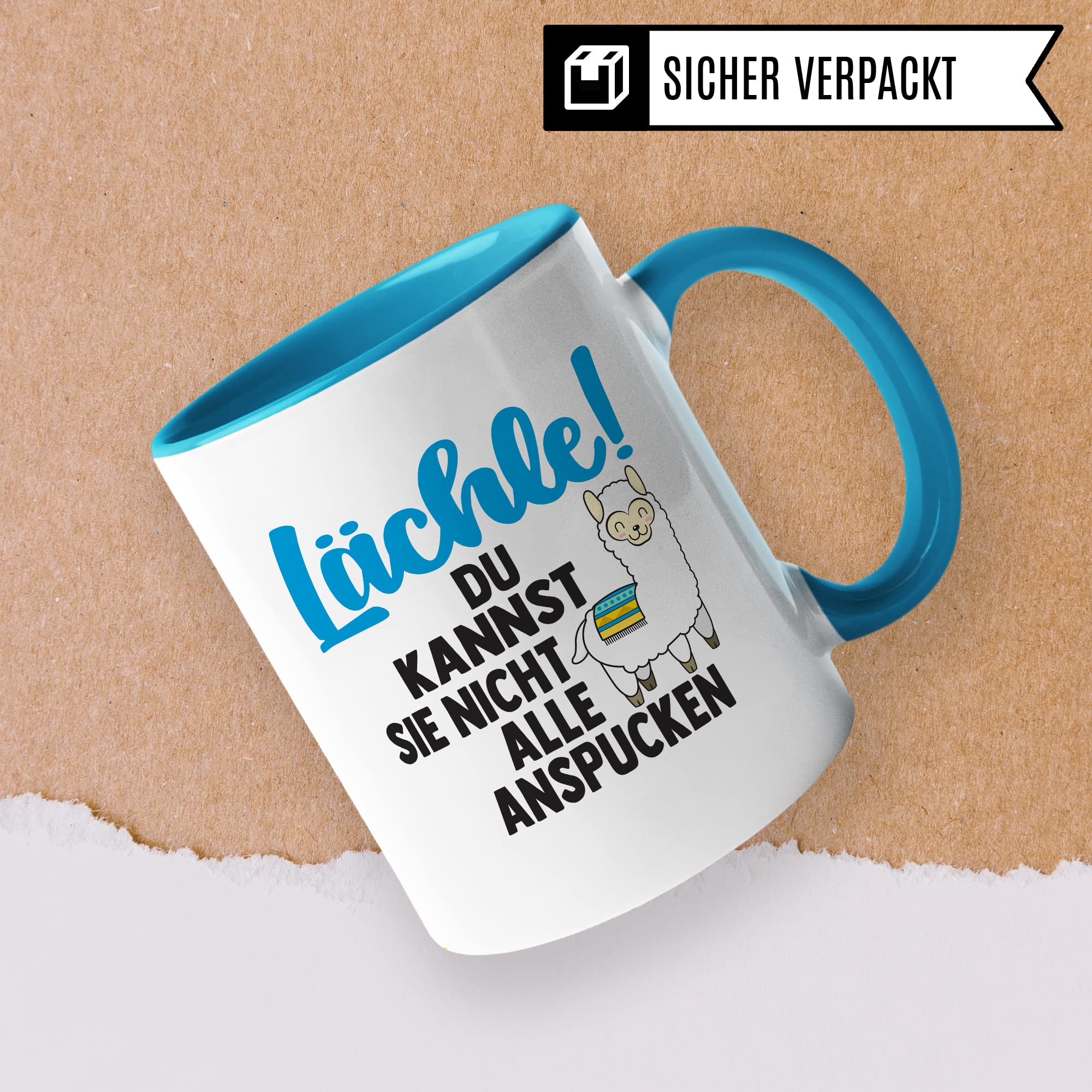 Tasse Lama Geschenk, Lächle! Du kannst sie nicht alle anspucken Geschenkidee Tasse mit Spruch lustig Kaffee-Becher Kaffeetasse Teetasse Humor Witz Witztasse Alpaka spucken