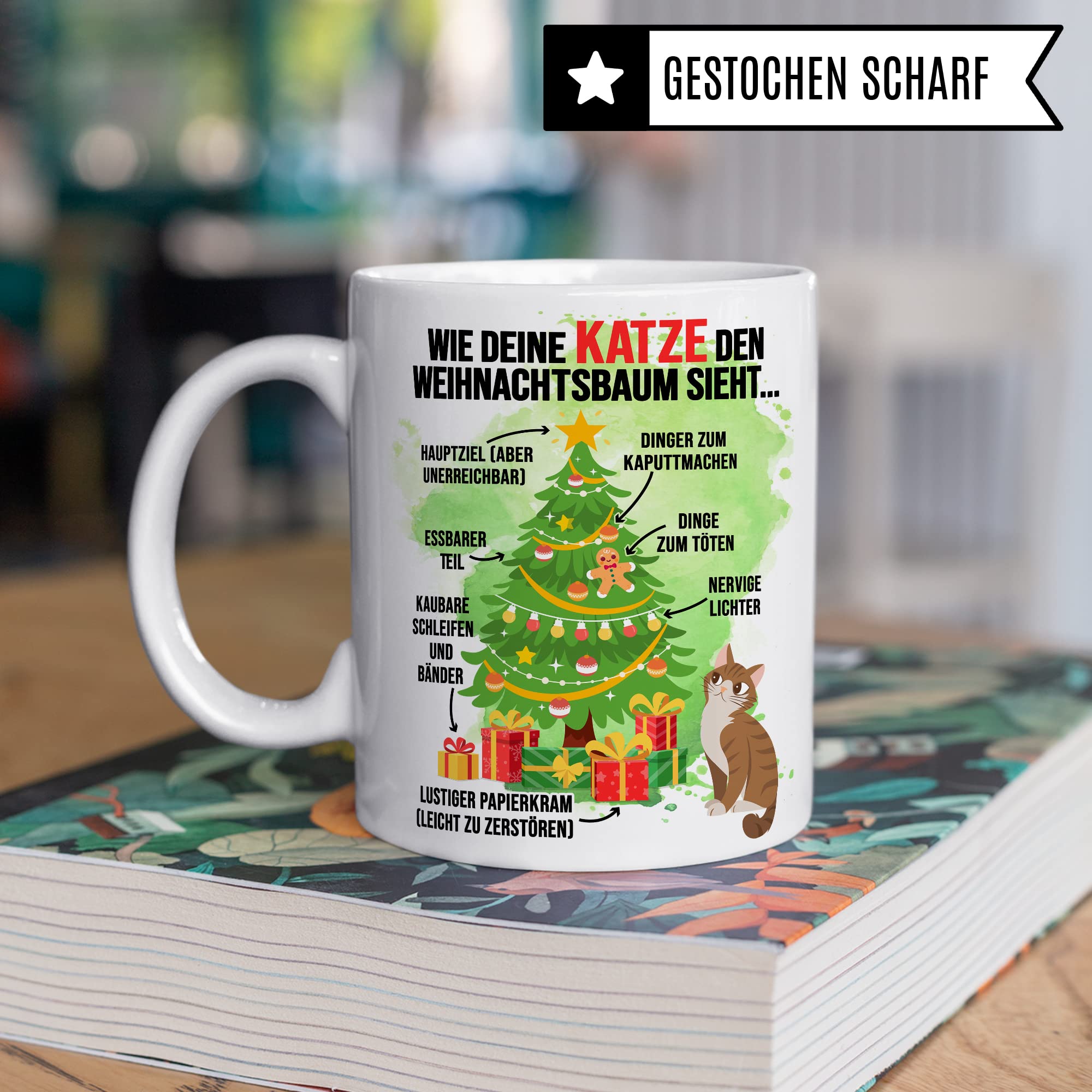 Katzen Tasse Weihnachten Kaffeetasse lustig Weihnachtsbaum Kaffee-Becher Katzenliebhaber Geschenkidee Vierbeiner Katzenhalter Geschenk Tasse mit Spruch Humor Sarkasmus Glühweintasse