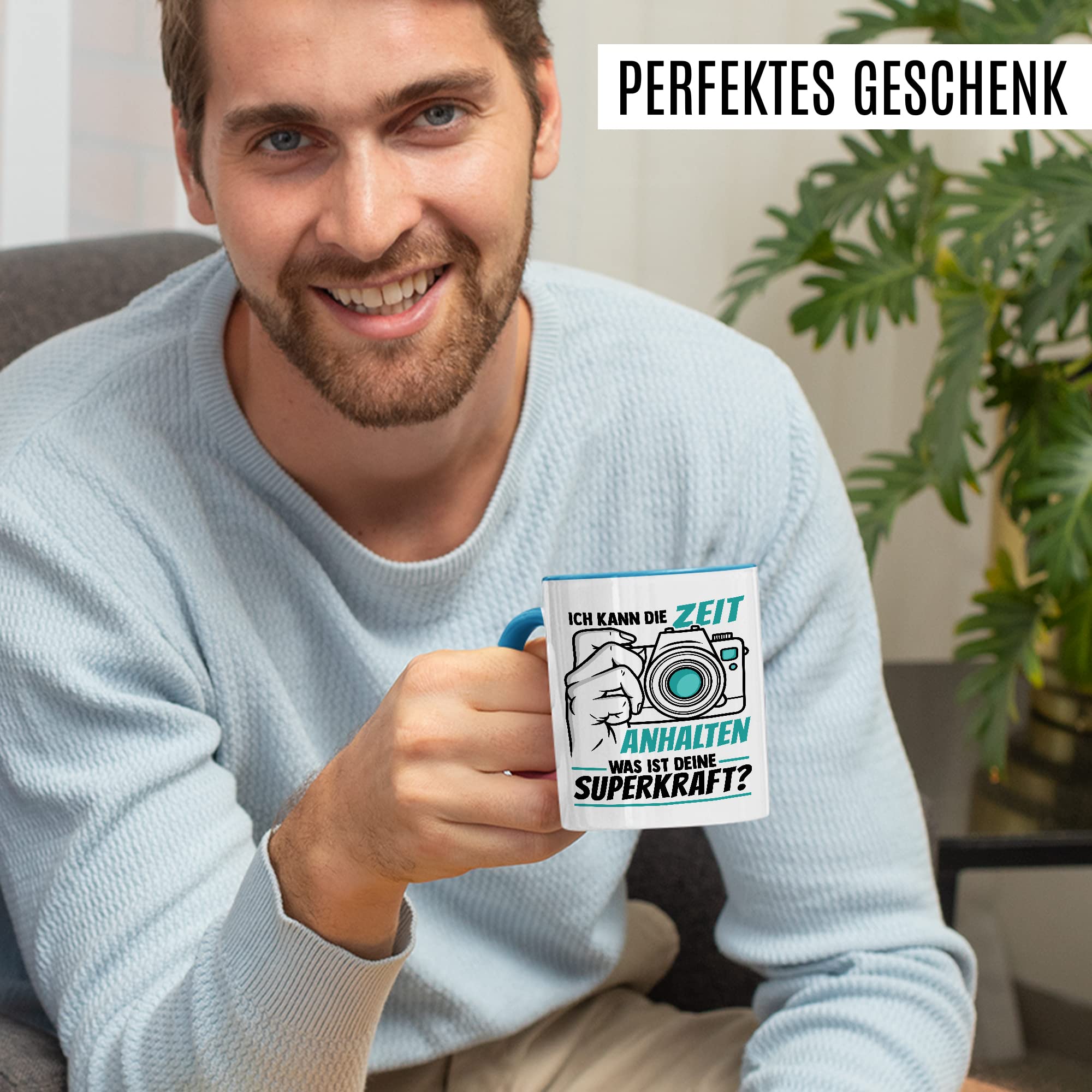 Tasse Kameramann Geschenk, Ich kann die Zeit einhalten - Und was ist deine Superkraft Geschenkidee Fotograf Kaffee-Becher Kaffeetasse mit Spruch lustig Kamera fotografieren