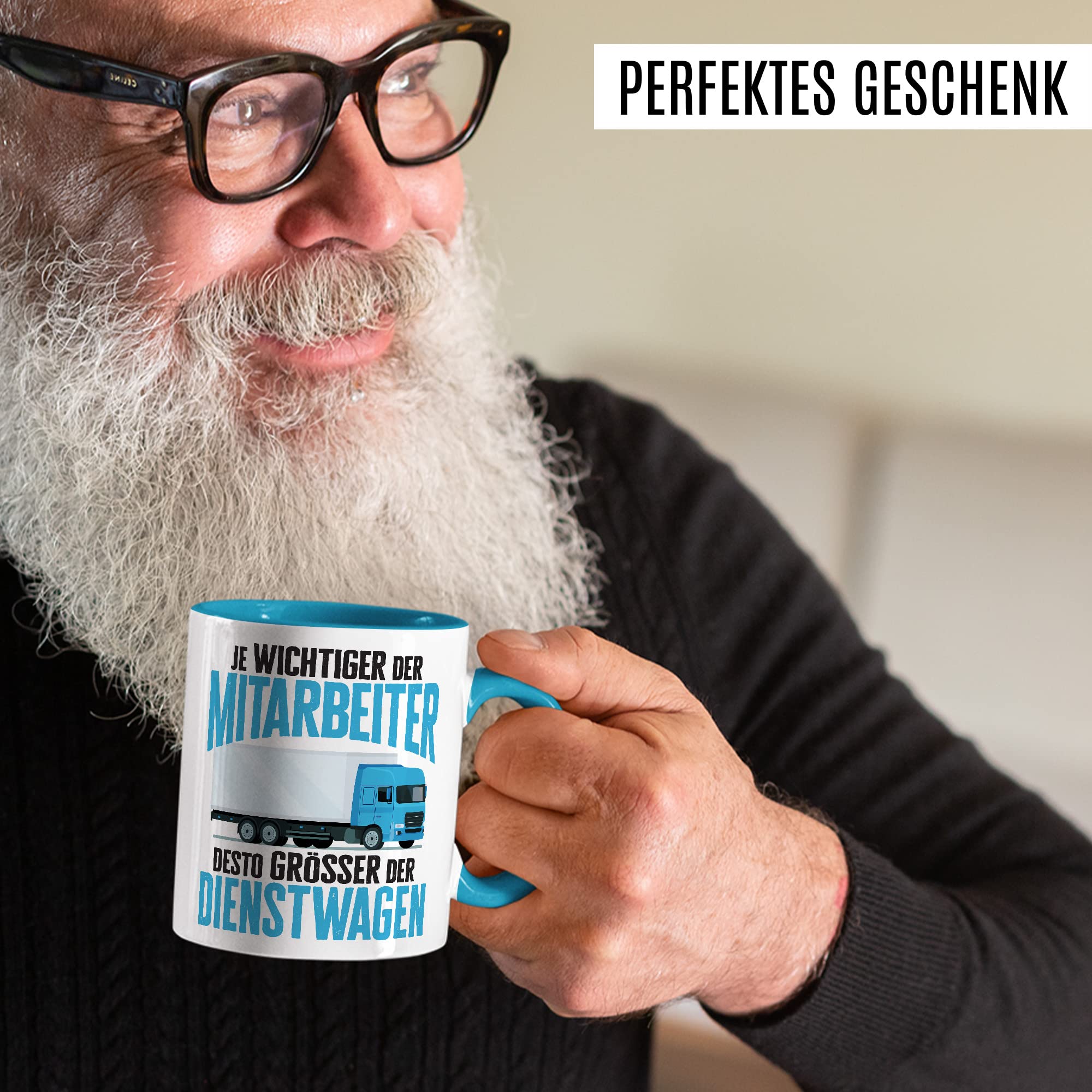 LKW Tasse mit Spruch Lkw-Fahrer Kaffeetasse Kaffee-Becher lustig Geschenkidee Fernfahrer Geschenk Lastwagen Spediteur Je wichtiger der Mitarbeiter desto größer der Dienstwagen Witz Trucker