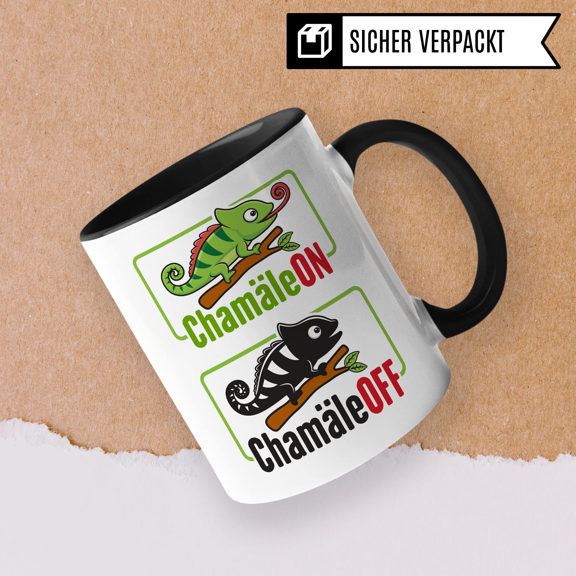 Tasse ChamäleON ChamäleOFF, Lustige Tasse mit Spruch und Tier Motiv, Büro lustig Sarkasmus Comic Witz Tiere Chamäleon Geschenk