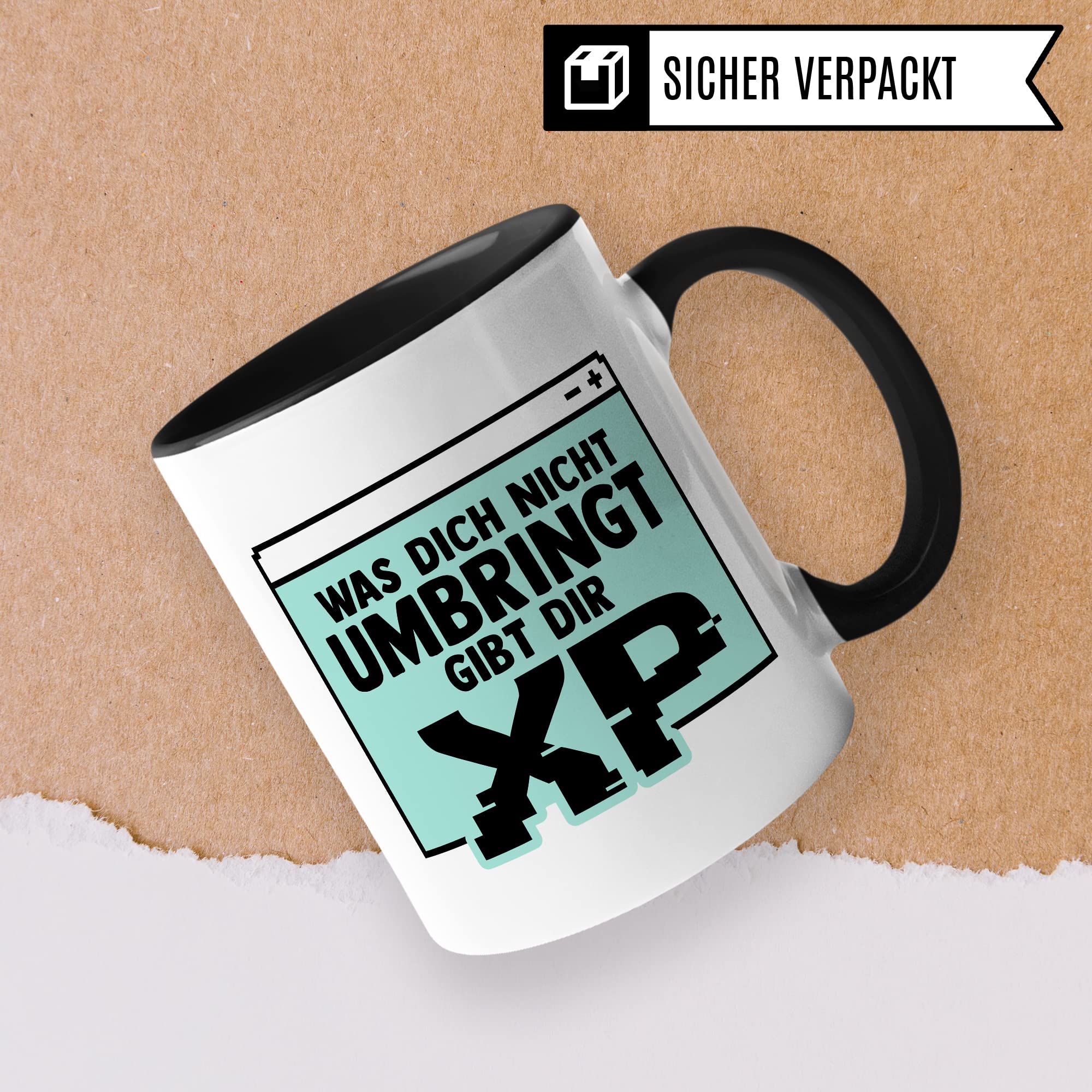 Gamer Tasse, Was dich nicht umbringt gibt dir XP Geschenkidee für Computerspieler und Zocker Kaffee-Becher Geschenk Nerd Gaming Kaffeetasse mit Spruch lustig