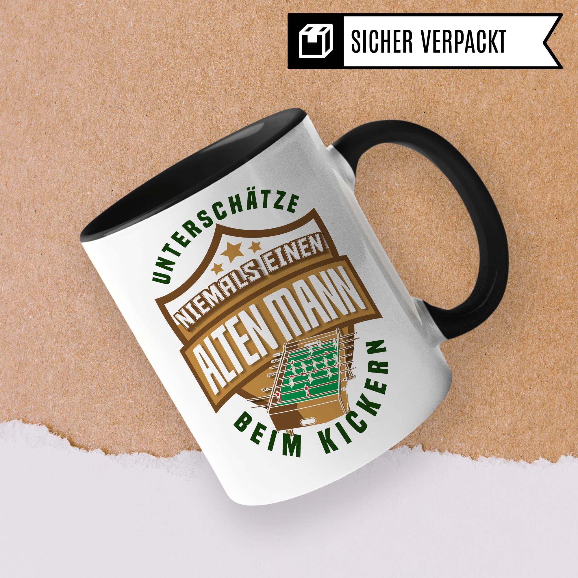 Tischkicker Tasse Geschenkidee Kicker Kaffeetasse Humor Witz Geschenk für alten Mann Kaffeebecher Opa Becher