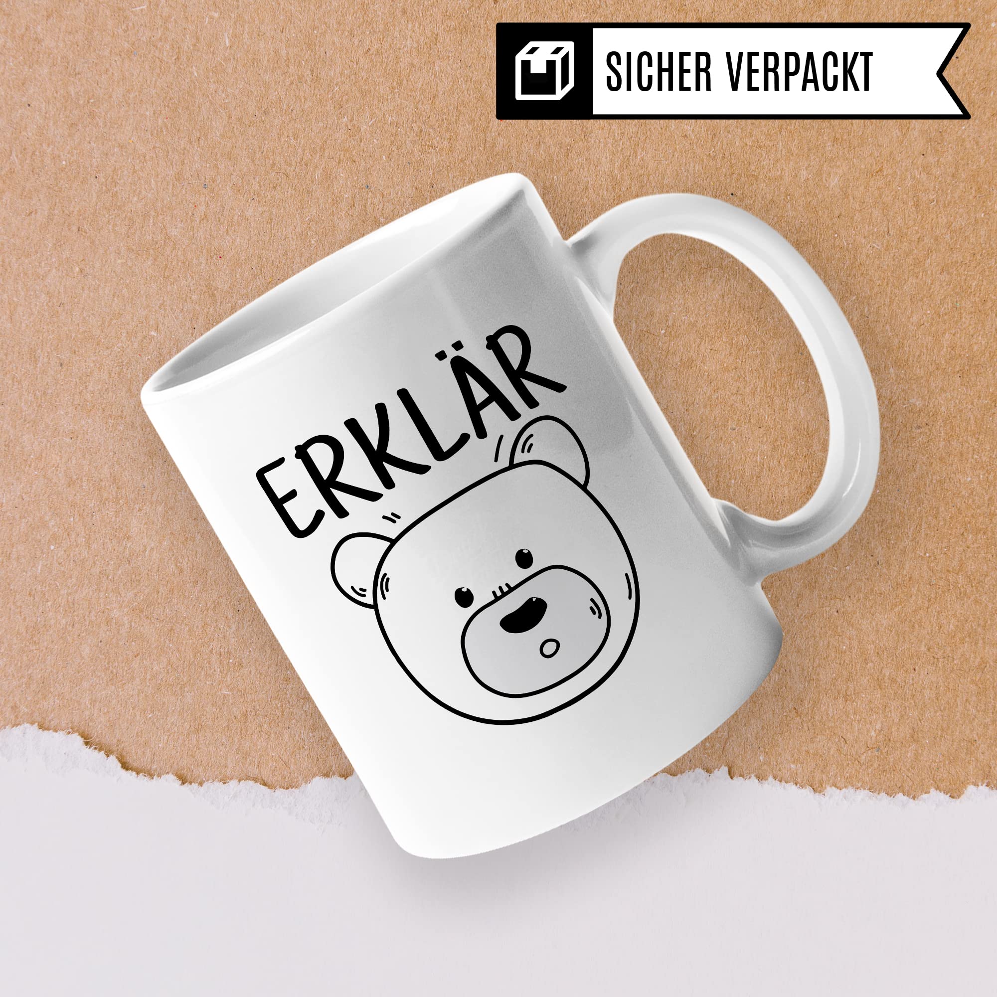 Tasse Erklärbär Geschenk Tasse mit Wortspiel Geschenkidee Kaffeetasse Tasse mit Spruch lustig Bären-Motiv Kaffee-Becher Teetasse Witztasse Humor Witz Deutschlehrer Germanistik