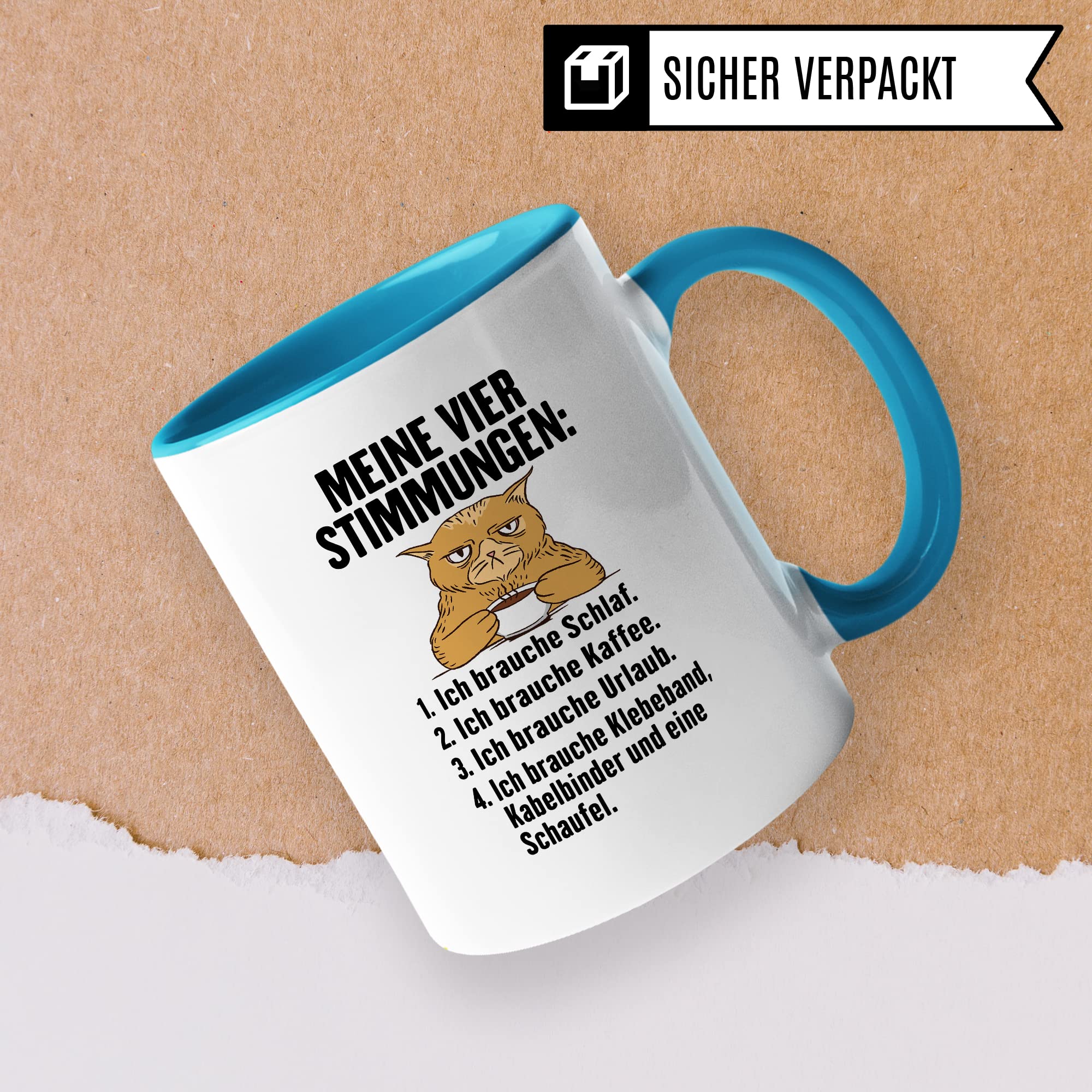 Tasse Humor Geschenk, Meine vier Stimmungen Kaffeetasse mit Spruch lustig Geschenkidee Kaffee-Becher Flachwitz humorvolle Teetasse Witzbold Humortasse