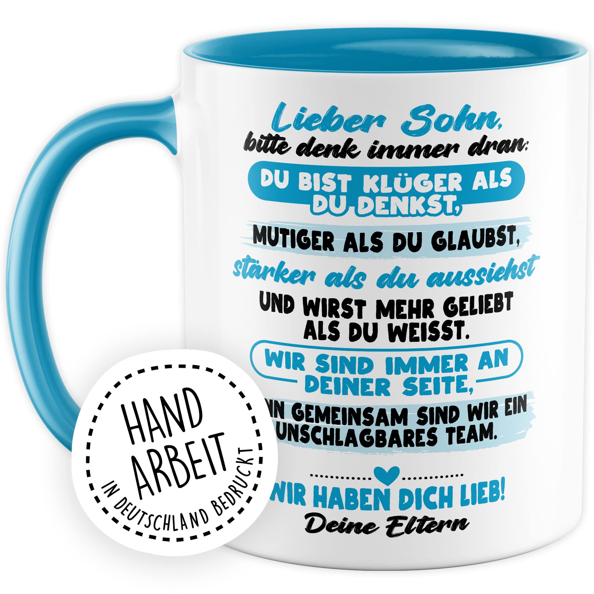 Sohn Auszug Tasse Einweihungsgeschenk Kaffeetasse Eltern ausziehen Kaffee-Becher Vater Mutter Geschenk eigene Wohnung Geschenkidee Umzug Kind Wir haben dich Lieb Spruch