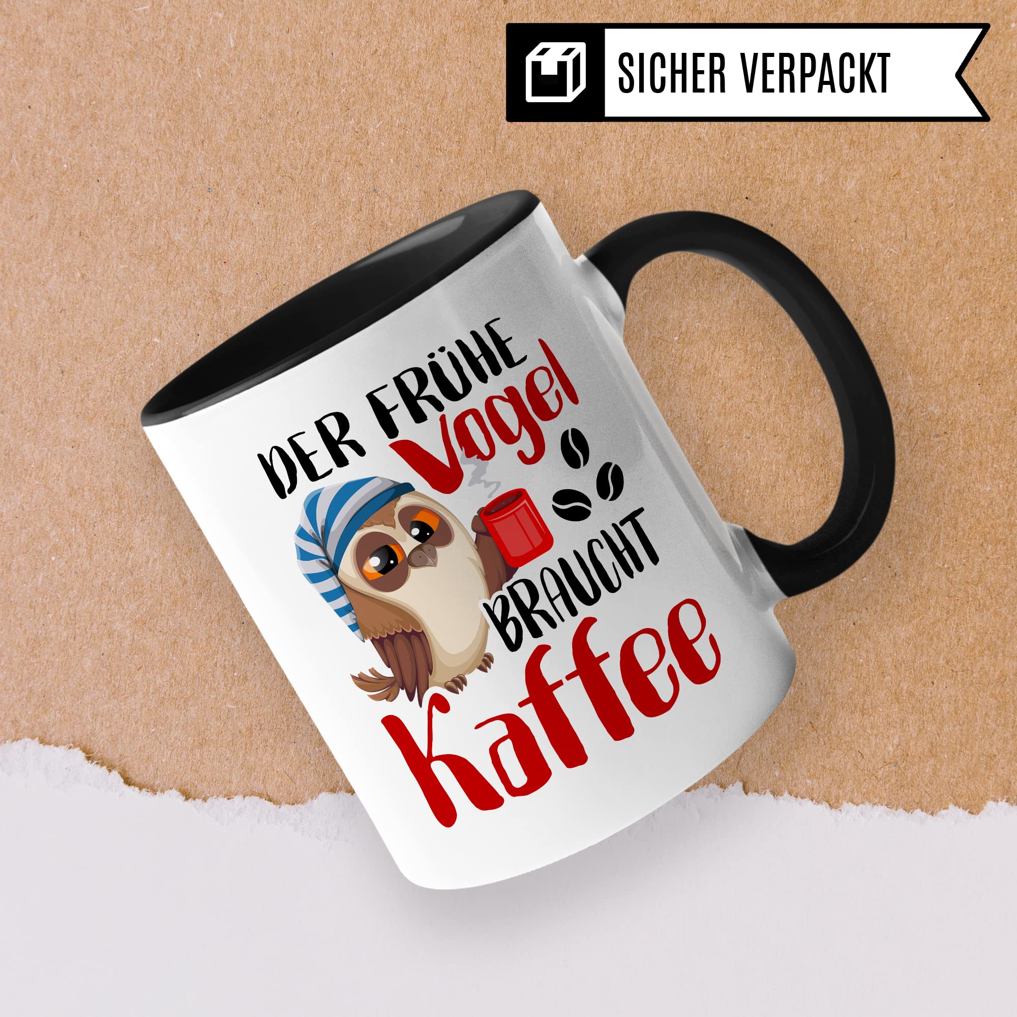 Früher Vogel Tasse lustig Kaffeetasse mit Spruch Kaffee-Becher Moorgenmuffel Humor Geschenk Geschenkidee Der frühe Vogel braucht Kaffee Witz Langschläfer Büro Tasse