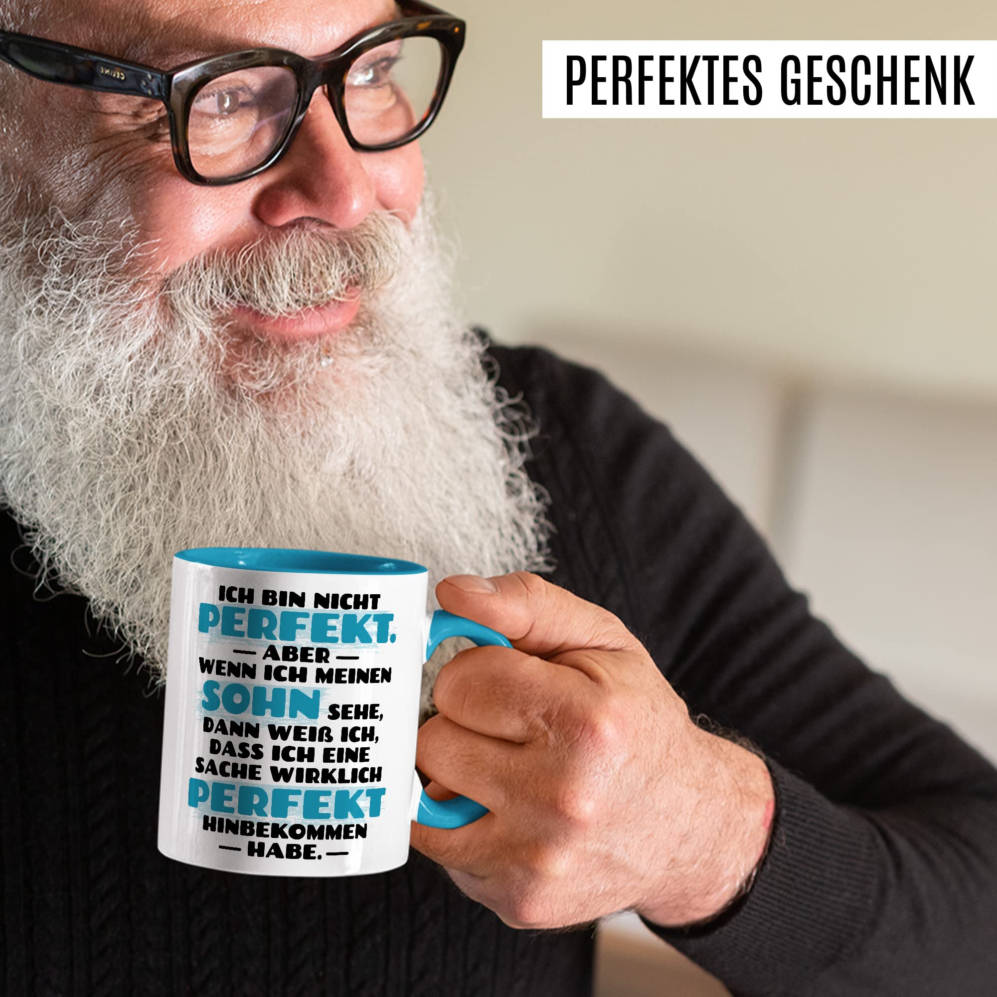 Tasse Sohn, Ich bin nicht perfekt aber wenn ich meinen Sohn sehe Geschenk Geschenkidee Kinder Kaffetasse mit Spruch Kaffee-Becher Mama Papa Teetasse Liebevoll Perfektion