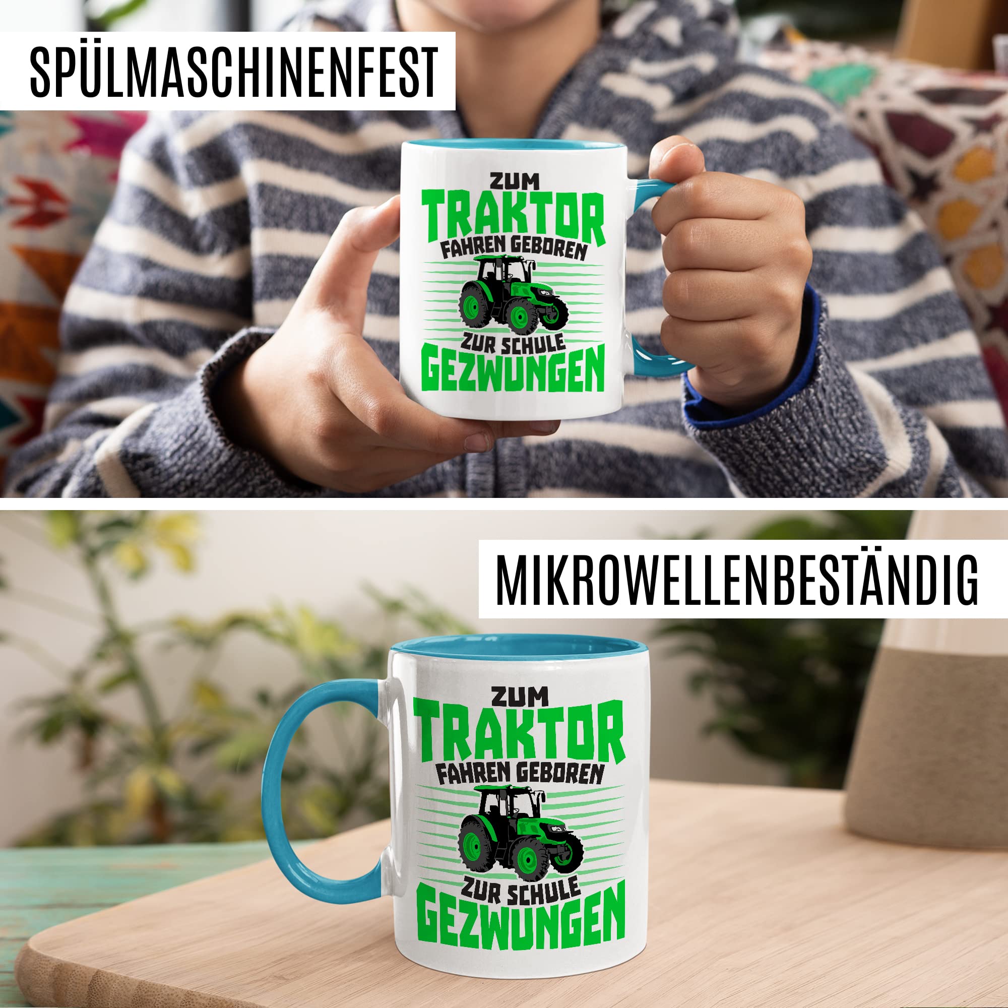 Tasse Bauer Geschenk, Zum Traktor fahren geboren - Zur Schule gezwungen Geschenkidee Landwirt Kaffeetasse mit Spruch lustig Kaffee-Becher Witztasse Teetasse