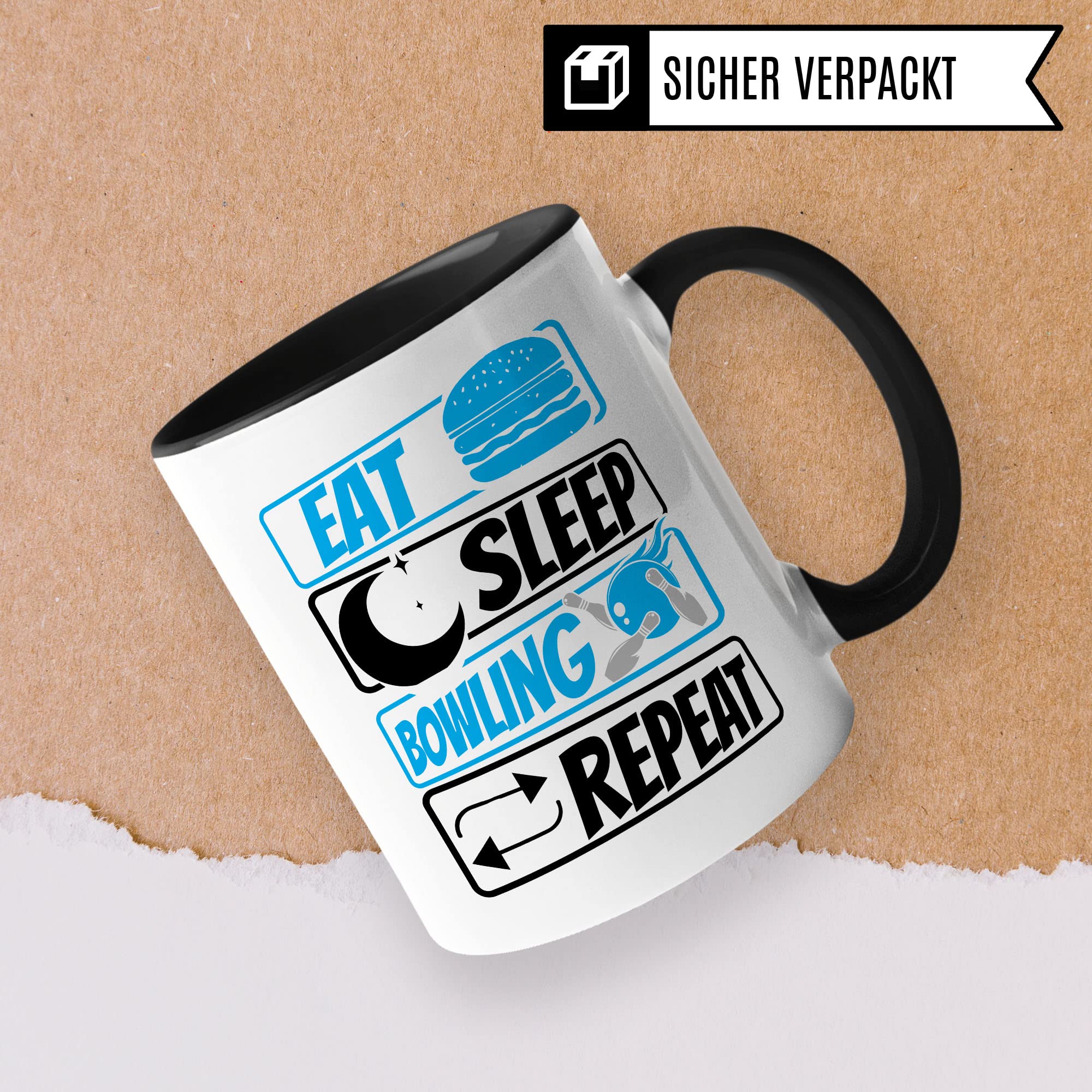 Bowling Tasse Geschenkidee Kaffeetasse Geschenk für Bowler Kaffeebecher Eat Sleep Repeat Becher