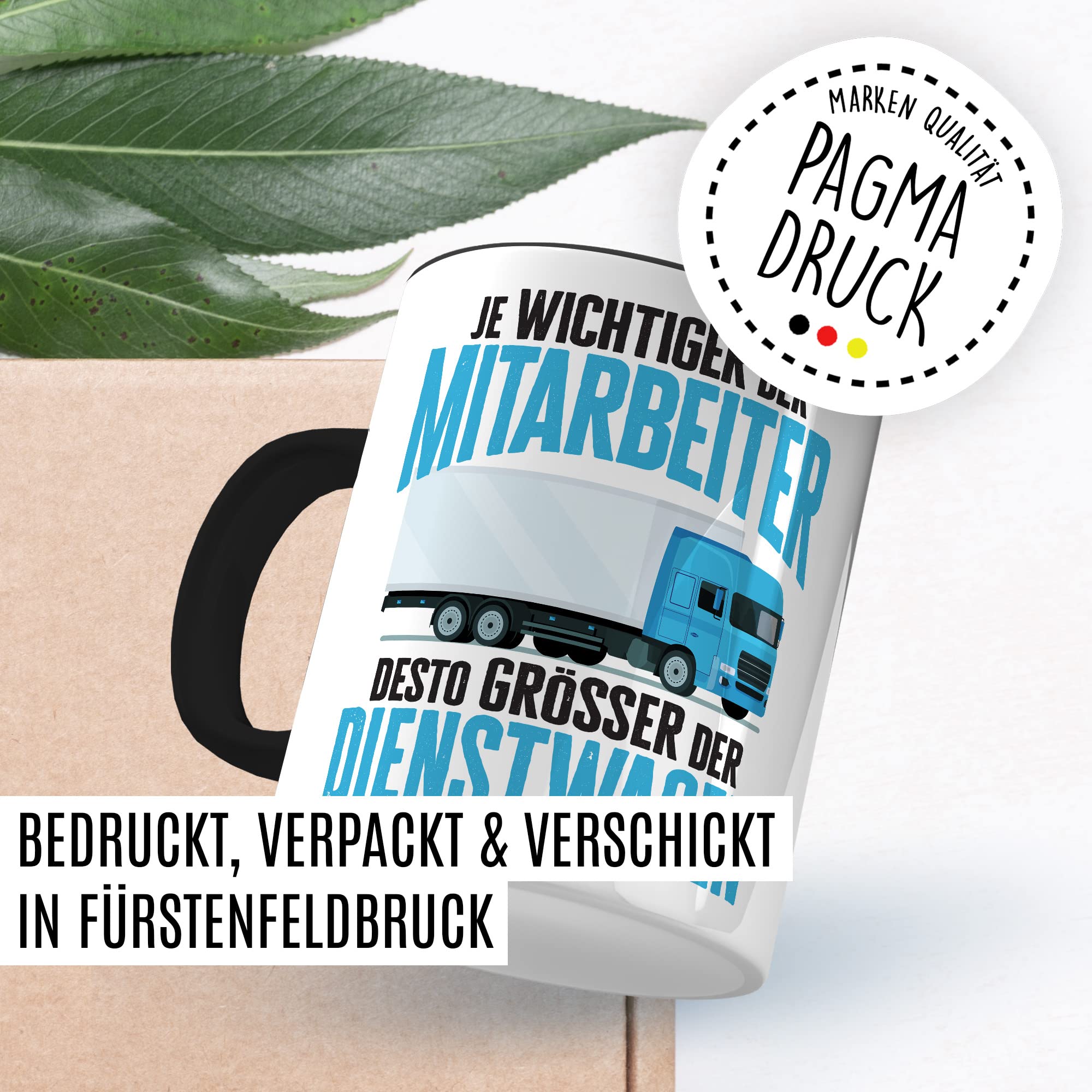 LKW Tasse mit Spruch Lkw-Fahrer Kaffeetasse Kaffee-Becher lustig Geschenkidee Fernfahrer Geschenk Lastwagen Spediteur Je wichtiger der Mitarbeiter desto größer der Dienstwagen Witz Trucker