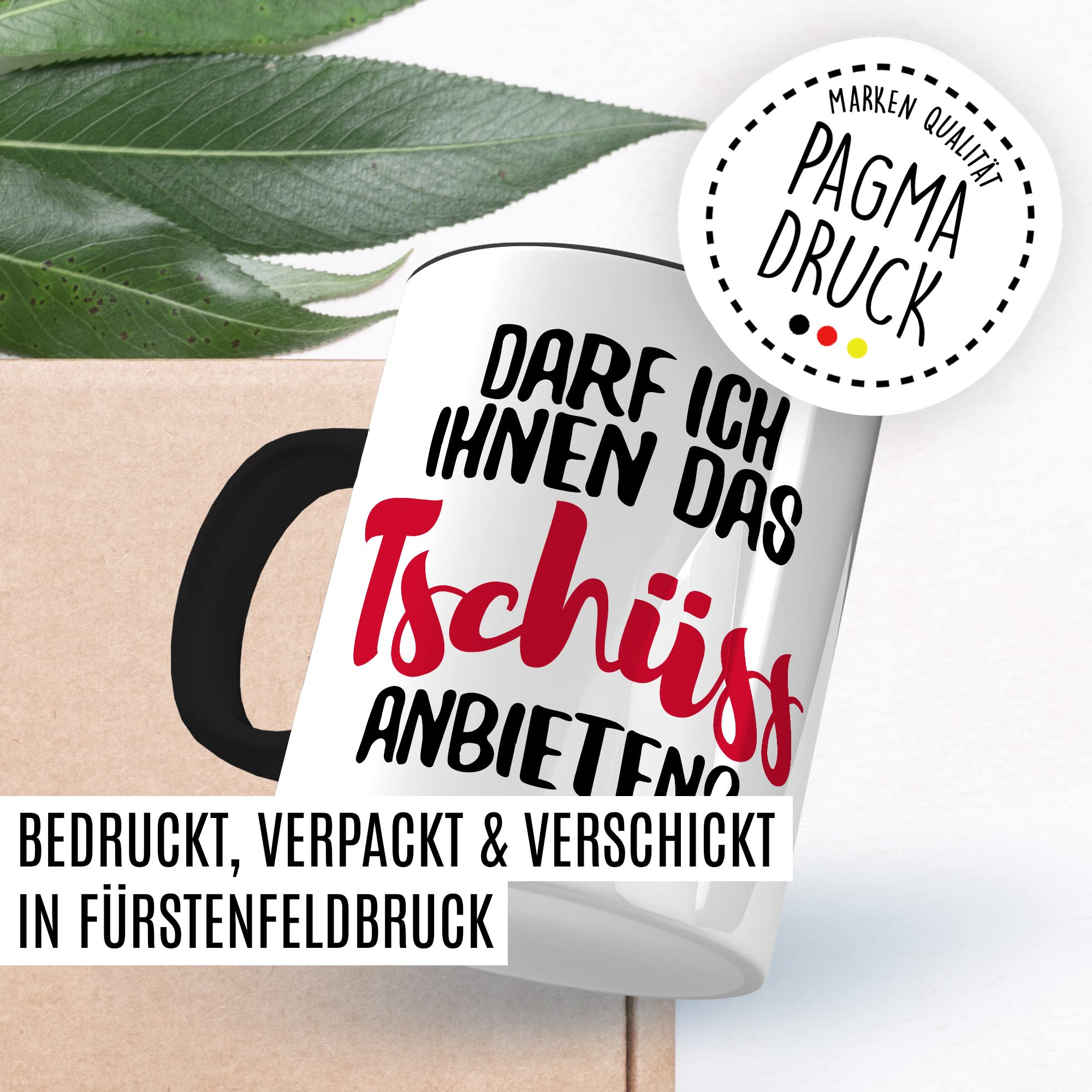 Tasse mit Spruch Büro lustig Kaffeetasse Arbeit Kaffee-Becher mit Witz Arbeitsplatz Job Geschenkidee Humor Geschenk Kollegin Chef Kollege Darf ich ihnen das tschüss anbieten Sarkasmus