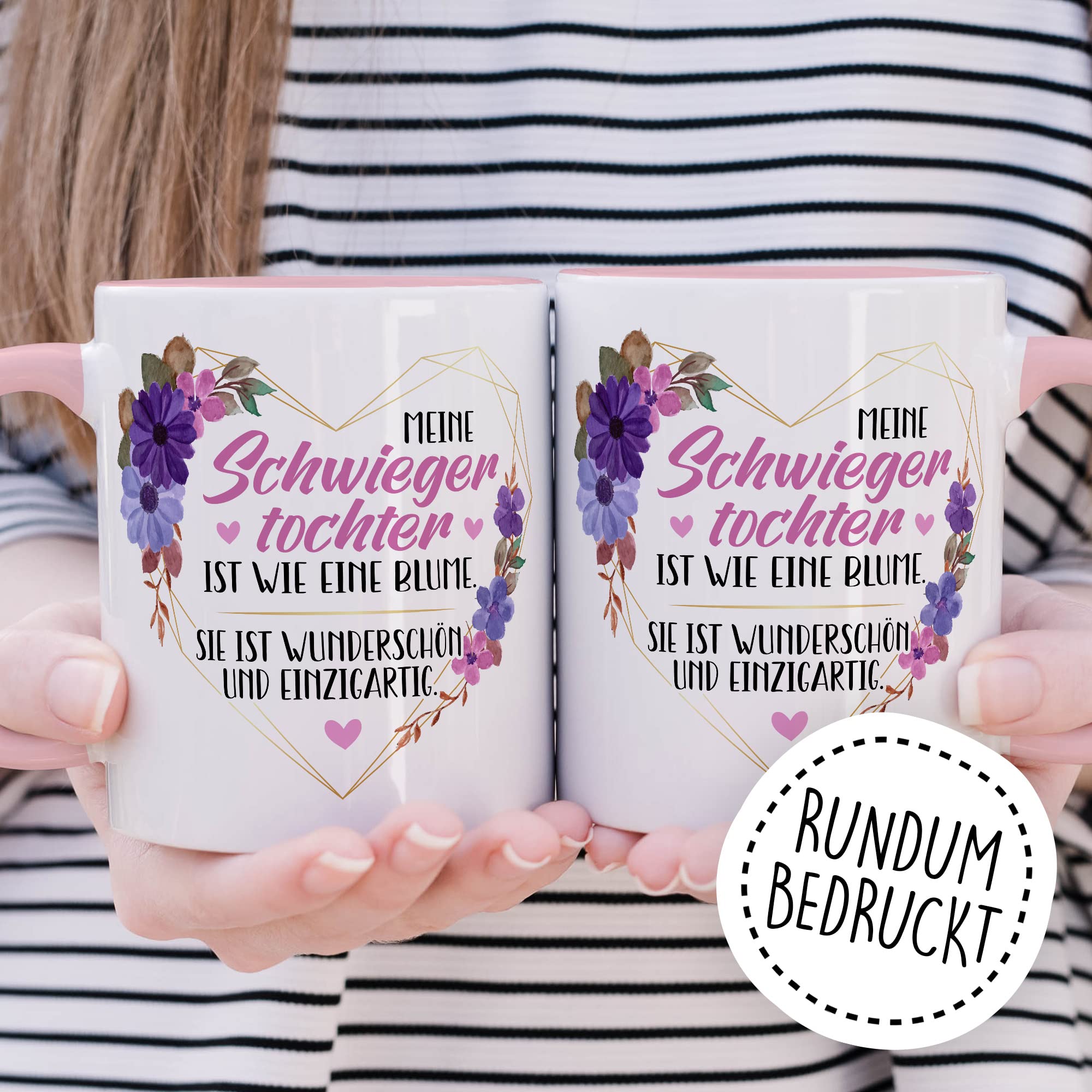 Schwiegertochter Tasse Geschenk Hochzeit Kaffeetasse Geschenkidee Schwiegereltern Kaffee-Becher mit Spruch Wie eine Blume wunderschön und einzigartig