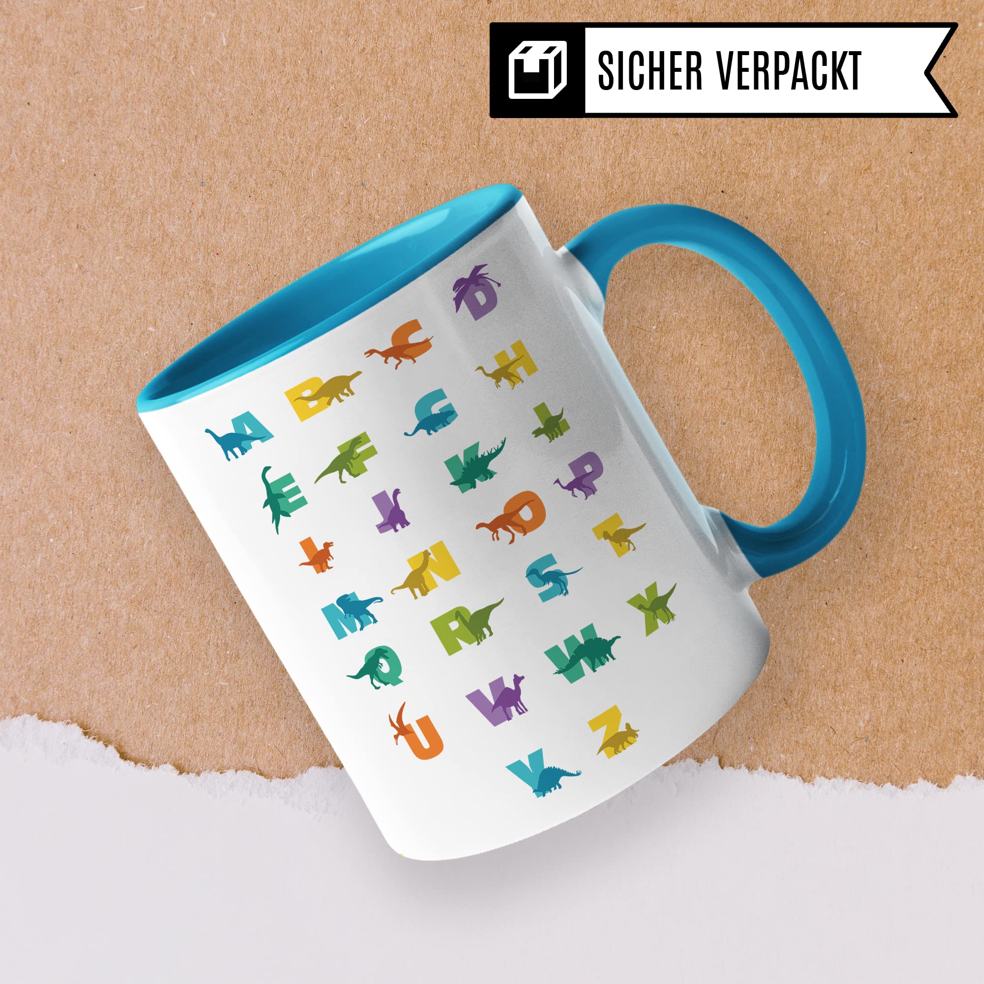 Alphabet Tasse für Kinder, Dino Becher zum Buchstaben lernen mit Dinosaurier Schulkind Schule Motiv für Jungen & Mädchen