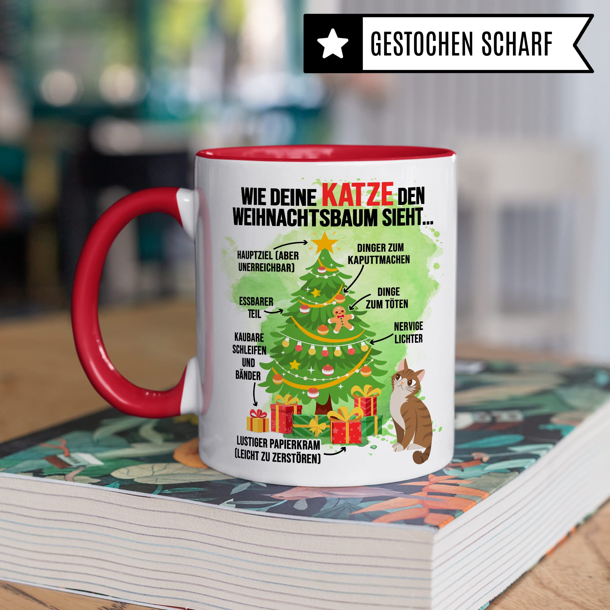 Katzen Tasse Weihnachten Kaffeetasse lustig Weihnachtsbaum Kaffee-Becher Katzenliebhaber Geschenkidee Vierbeiner Katzenhalter Geschenk Tasse mit Spruch Humor Sarkasmus Glühweintasse