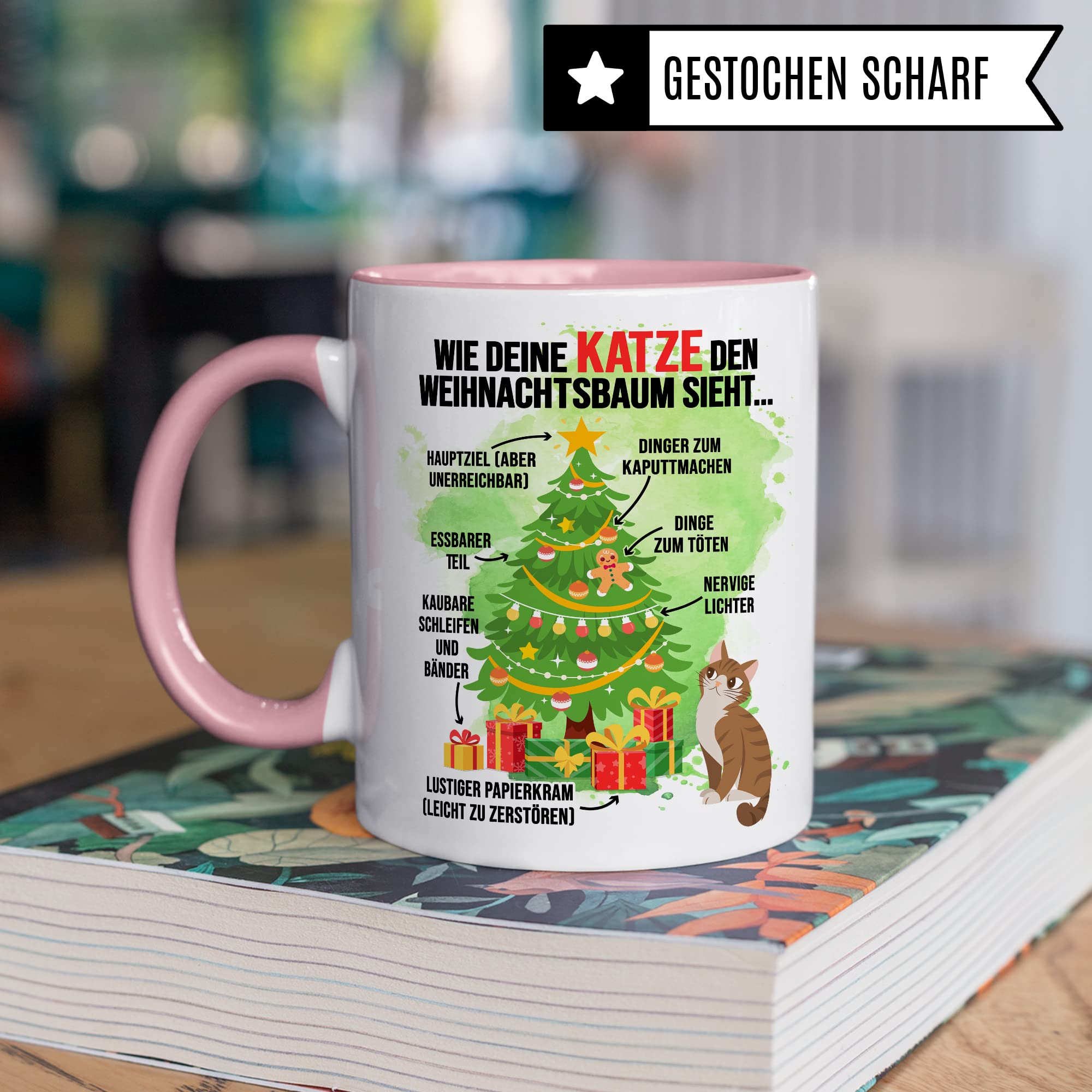 Katzen Tasse Weihnachten Kaffeetasse lustig Weihnachtsbaum Kaffee-Becher Katzenliebhaber Geschenkidee Vierbeiner Katzenhalter Geschenk Tasse mit Spruch Humor Sarkasmus Glühweintasse