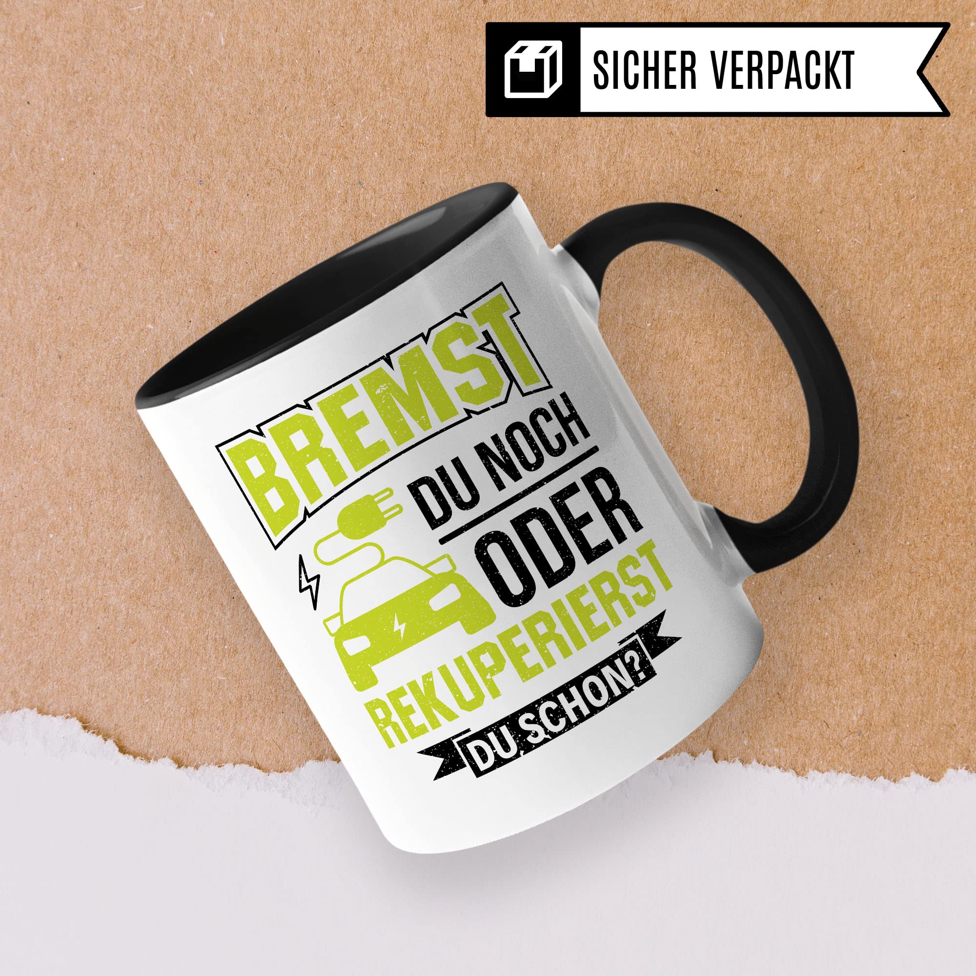 Elektroauto Tasse Geschenkidee Kaffeetasse Humor Witz Geschenk für E-Auto Fahrer Kaffeebecher Rekupertion Becher