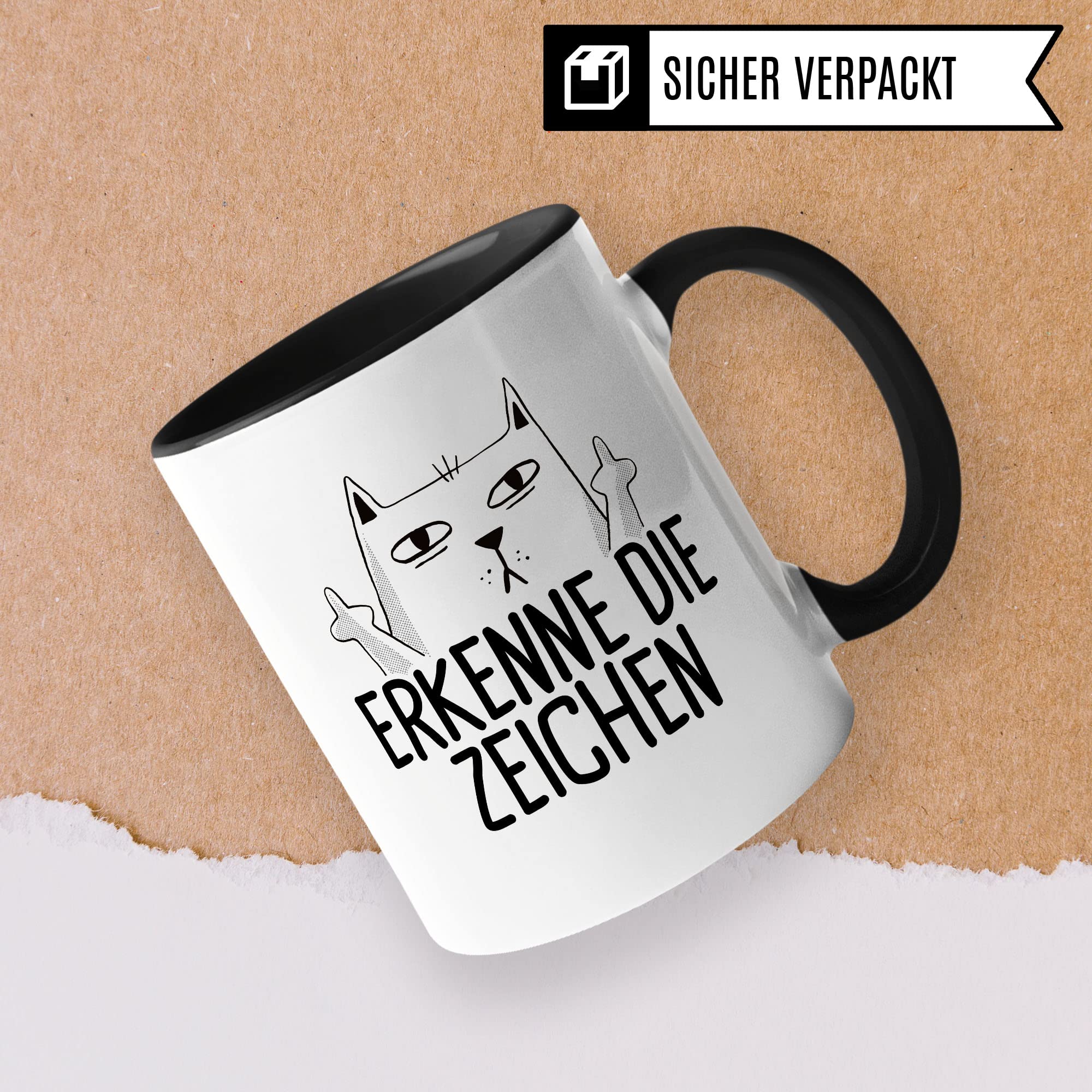 Tasse mit Katzen Motiv "Erkenne die Zeichen" mit Mittelfinger Comic - Kaffeetasse als lustiges Geschenk