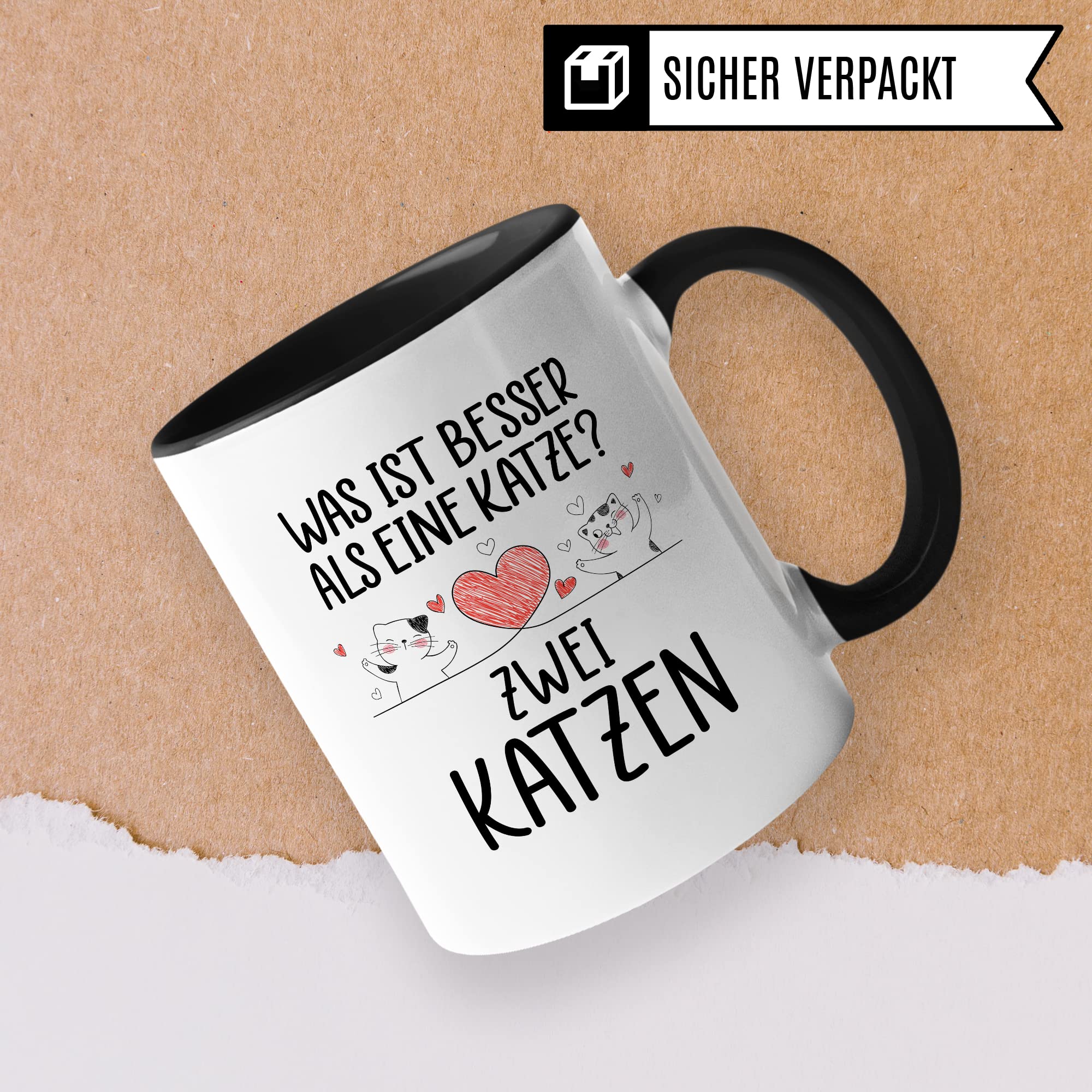 Katzen Tasse Kaffeetasse Humor Kaffee-Becher mit Spruch Katze Witz Katzenmama Geschenk Geschenkidee für Katzenliebhaber Kaffee und Katzen Kaffeeliebhaber Tasse fürs Büro Zwei Katzen