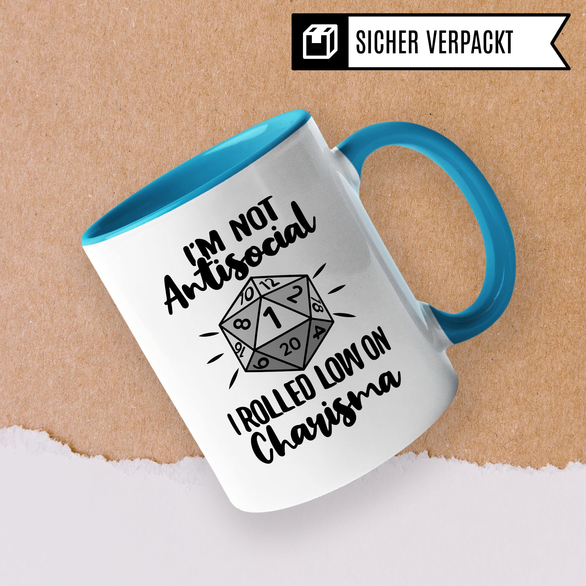 DnD Roleplay Tasse, I'm not Antisocial - I rolled low on Charisma Spruch, Geschenk Rollenspiel Spruch D20 Dice, Pen & Paper Tabletop D20 Würfel Motiv Kaffee-Becher Geschenkidee