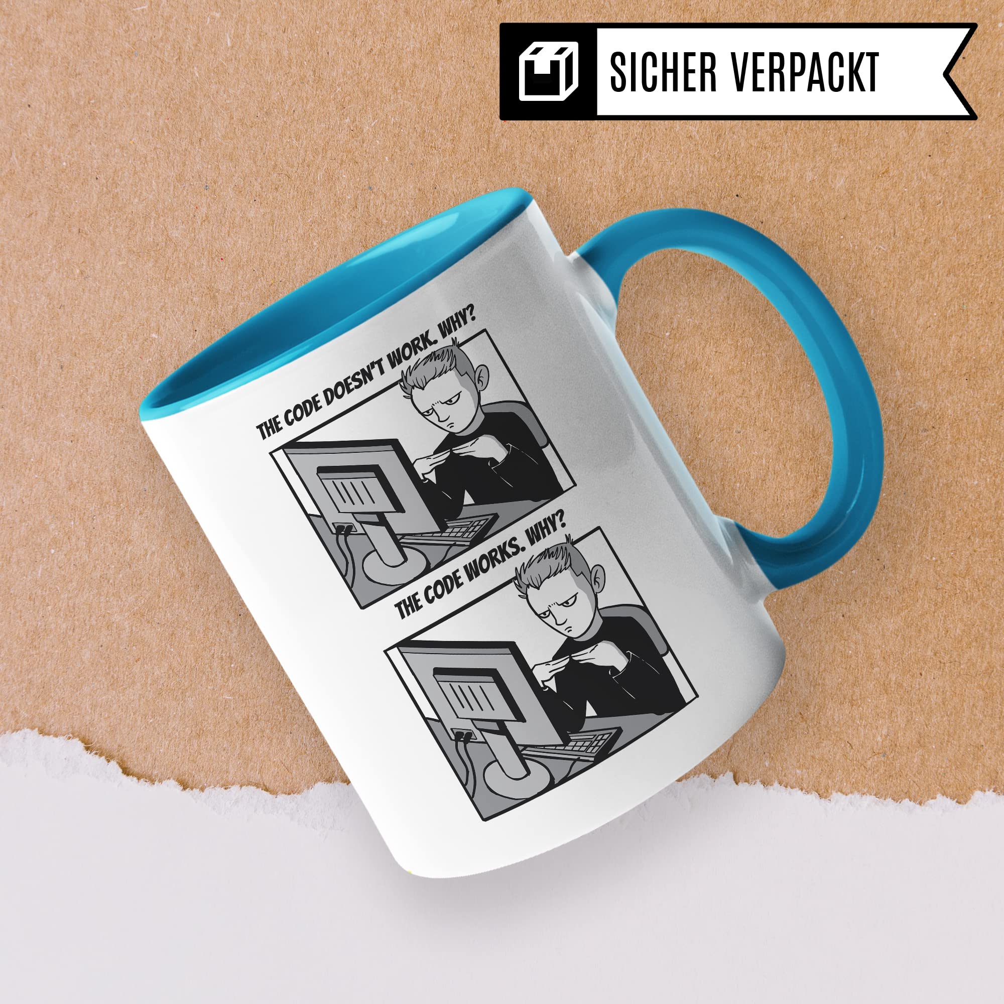 Informatik Geschenk Tasse, The Code doesn´t work - Why? Geschenkidee für Programmierer Kaffee-Becher Informatiker Programmieren Teetasse mit Spruch lustig