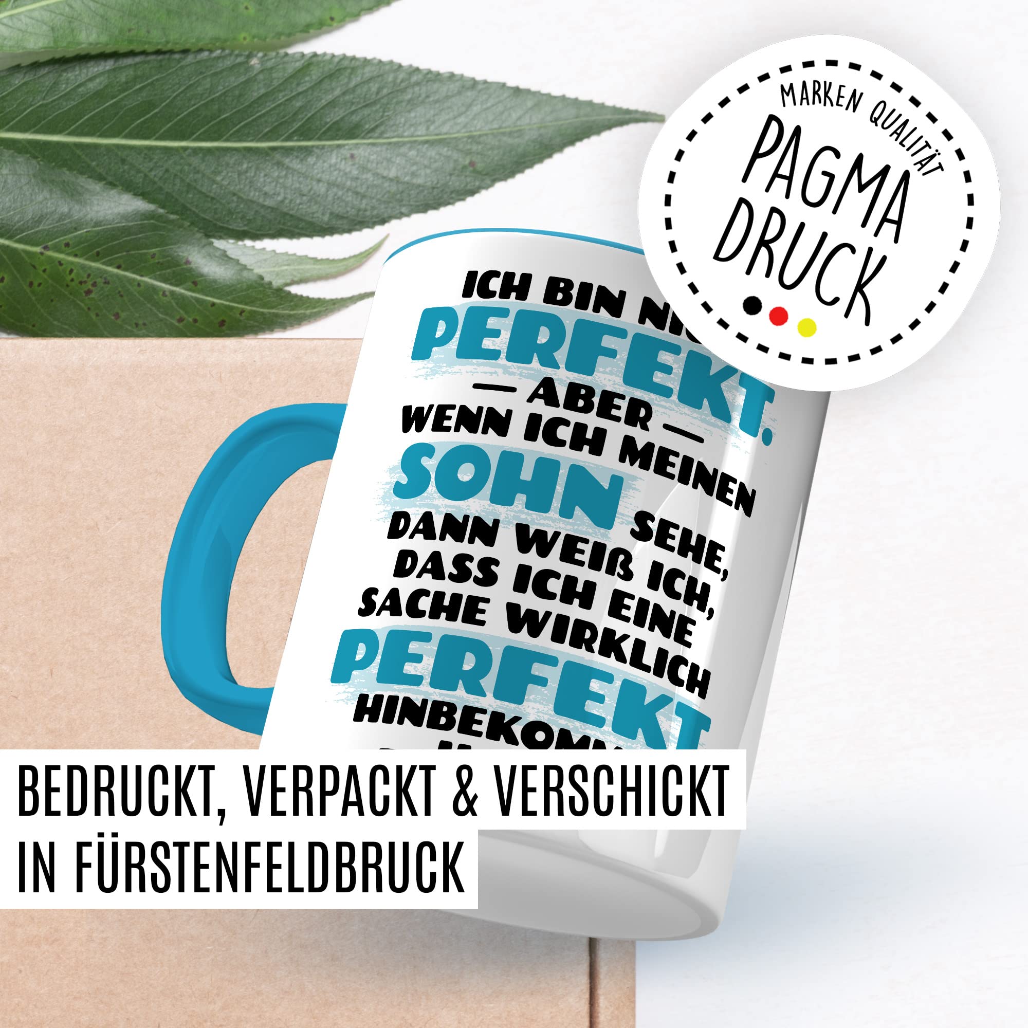 Tasse Sohn, Ich bin nicht perfekt aber wenn ich meinen Sohn sehe Geschenk Geschenkidee Kinder Kaffetasse mit Spruch Kaffee-Becher Mama Papa Teetasse Liebevoll Perfektion