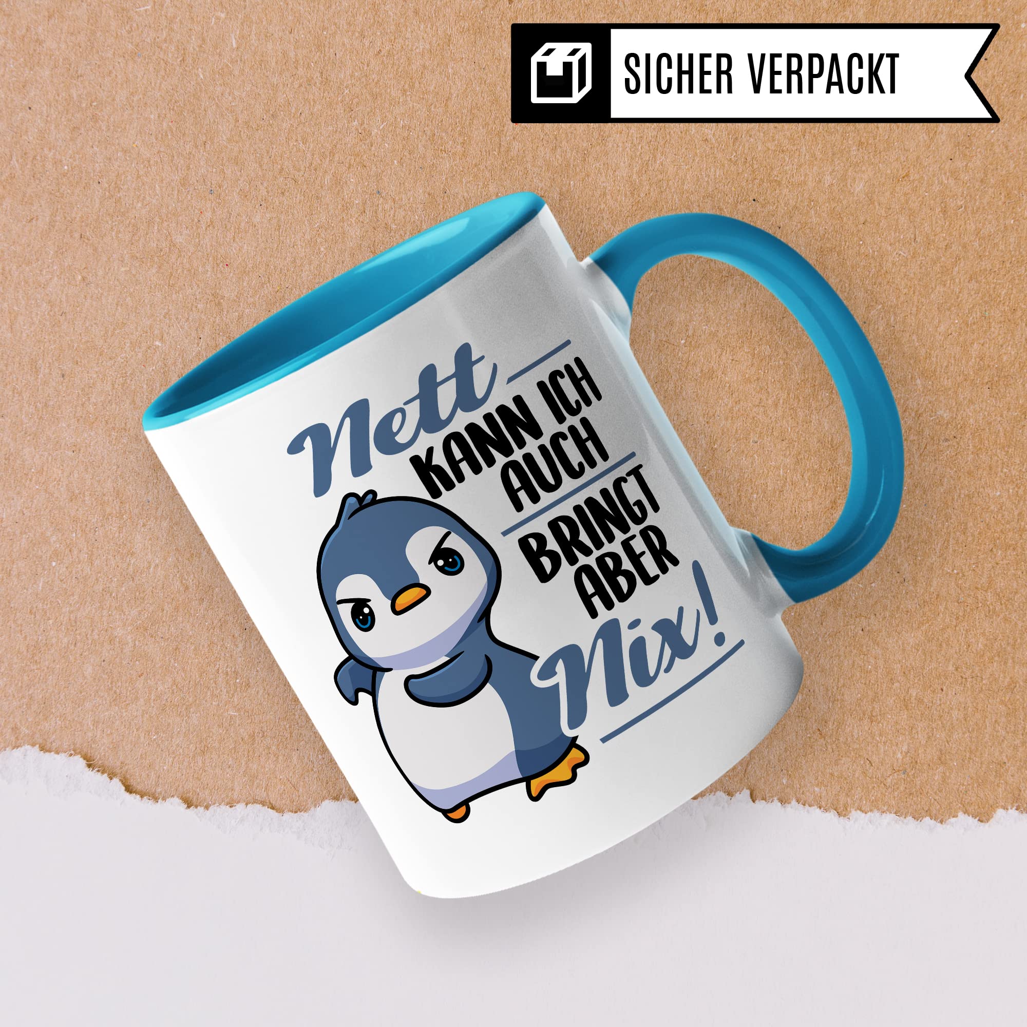 Tasse Spruch, Nett kann ich auch - bringt aber nix Kaffeetasse mit Spruch lustig Kaffee-Becher Pinguin-Motiv böser Humor Geschenk Geschenkidee Teetasse