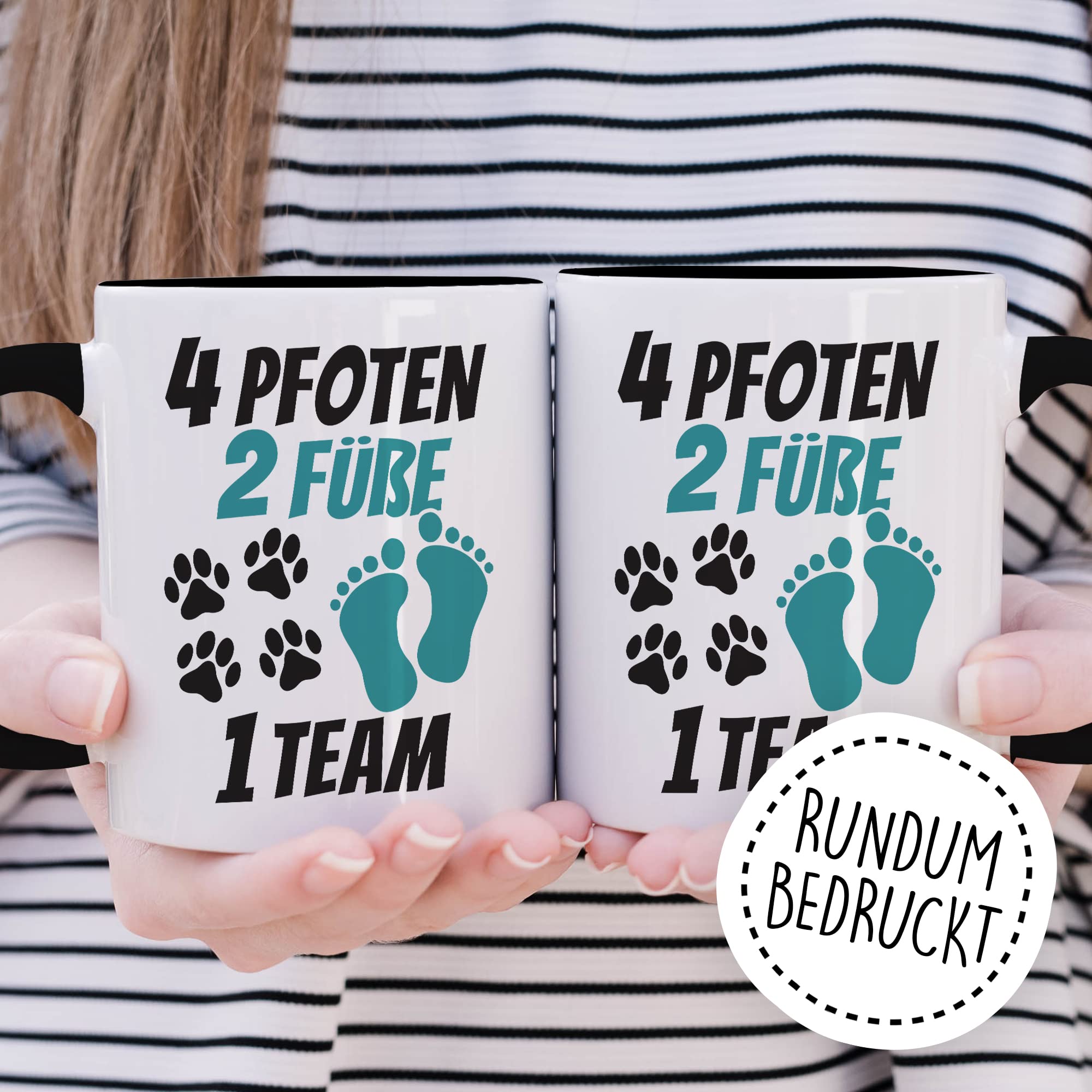 Tasse Hundebesitzer Geschenk, 4 Pfoten 2 Füße 1 Team Geschenkidee Kaffeetasse mit Spruch Hundehalter Hunde-Liebhaber Hund Kaffee-Becher Hand & Pfote Vierbeiner