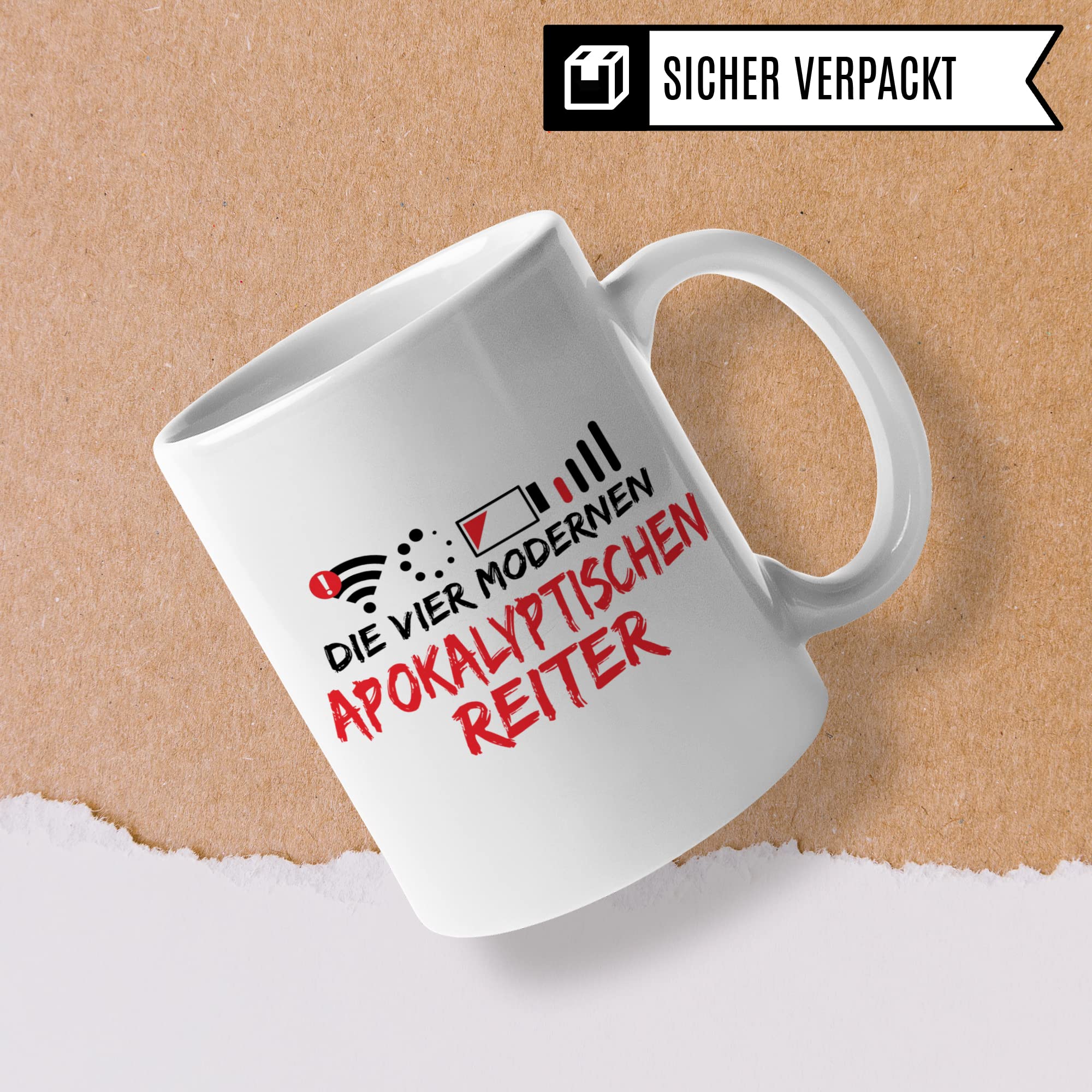 Tasse mit Spruch lustig: Apokalyptische Reiter, Kaffeetasse Humor Witz Geschenk für Teenager Geschenkidee, Smombie Wlan Handy Sarkasmus Ironie Kaffee-Becher