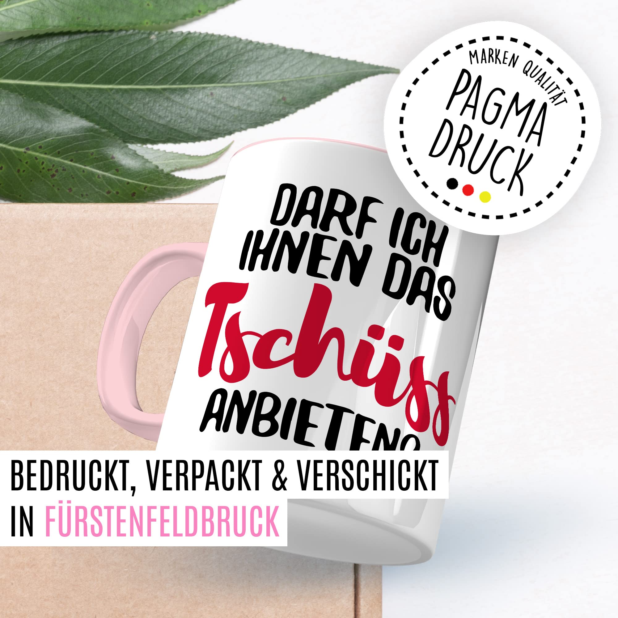 Tasse mit Spruch Büro lustig Kaffeetasse Arbeit Kaffee-Becher mit Witz Arbeitsplatz Job Geschenkidee Humor Geschenk Kollegin Chef Kollege Darf ich ihnen das tschüss anbieten Sarkasmus