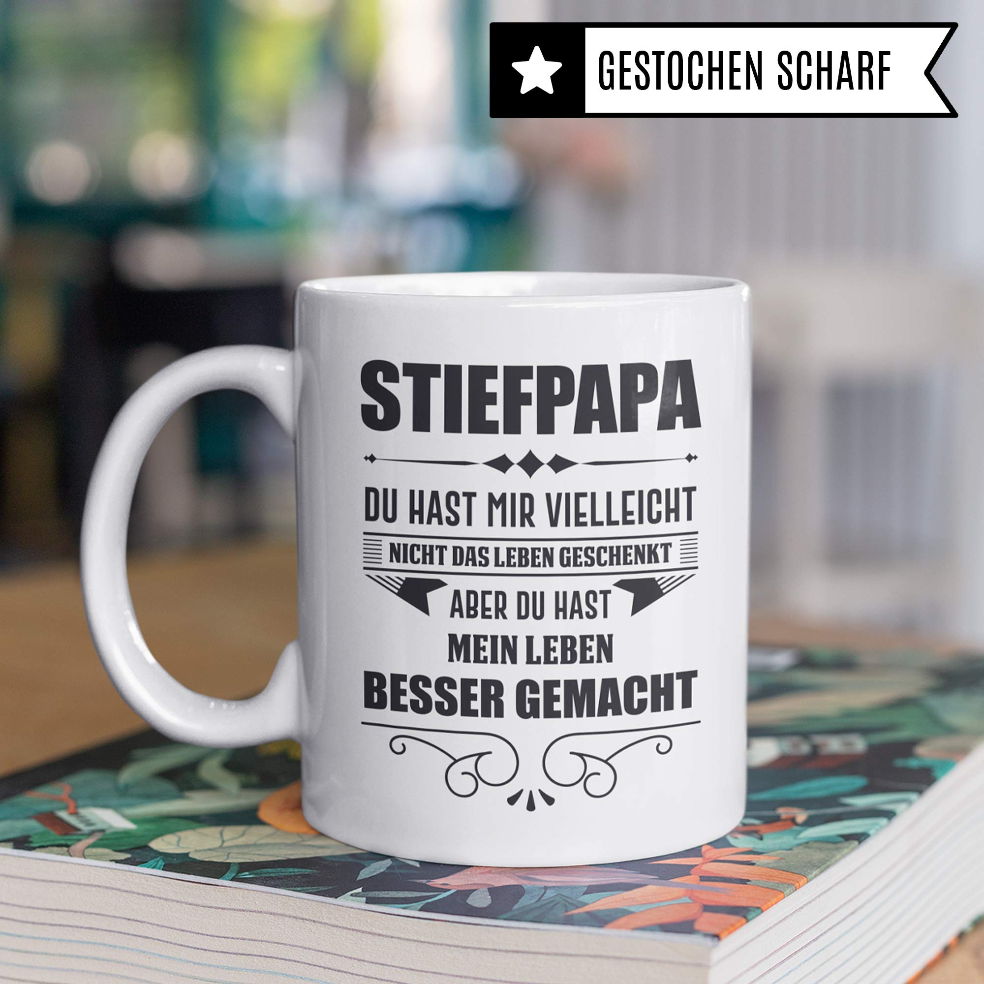 Stiefpapa Tasse, Geschenk für Stiefvater, Bonus Papa Becher Geschenkidee, Kaffeetasse mit Stief Vater Spruch