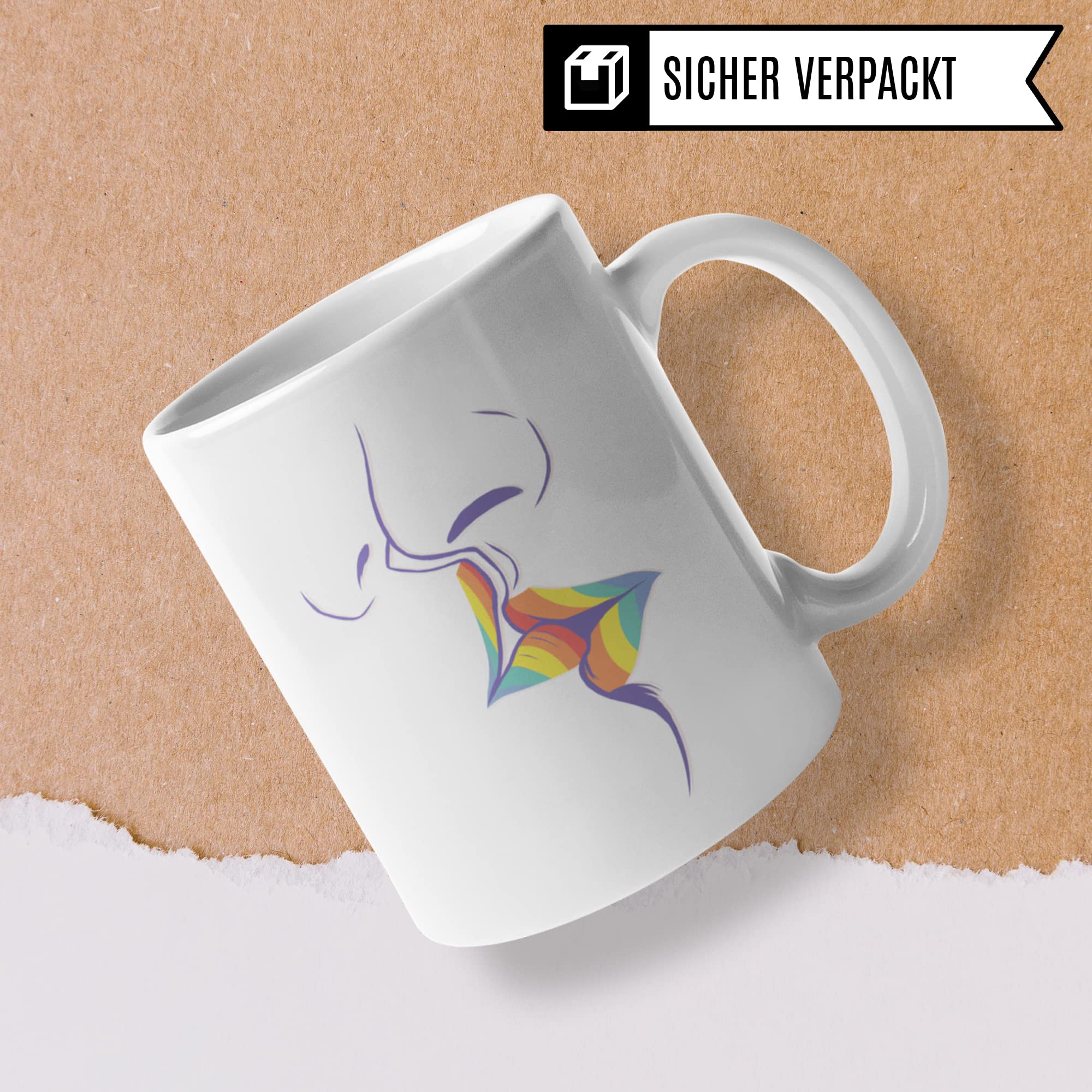 LGBT Tasse Kuss | Gay Pride Geschenke Schwul Lesbisch LGBTQ CSD Motiv | Kaffee-Becher Equality Queer Love is Love | Rainbow Kiss Kaffeetasse