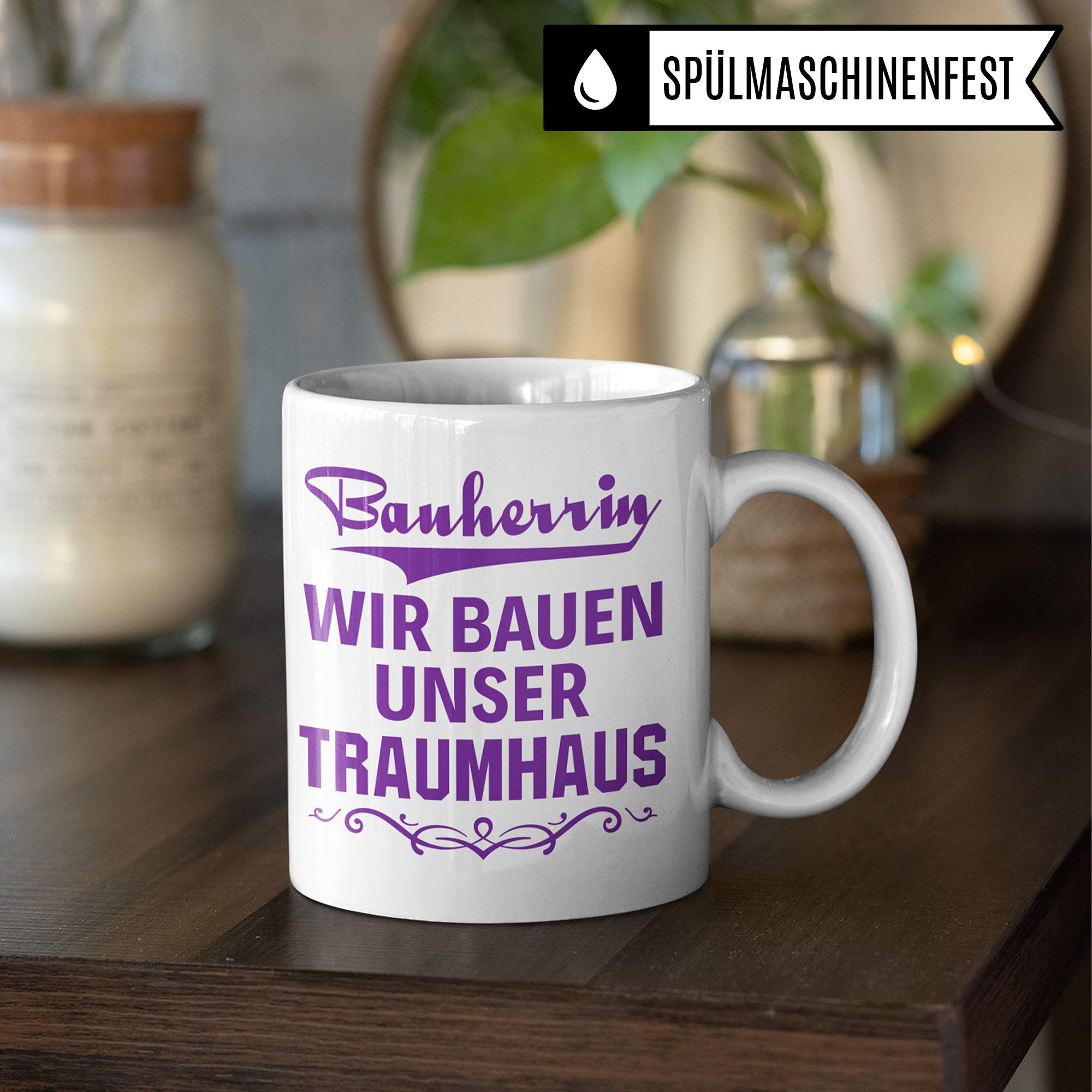 Pagma Druck Bauherrin Geschenk, Geschenke zum Richtfest, Hausbau Richtfest Geschenkideen, Bauherrin Bauherr Hausbau Einweihung Becher Einweihungsfeier Eigenheim Mitbringsel