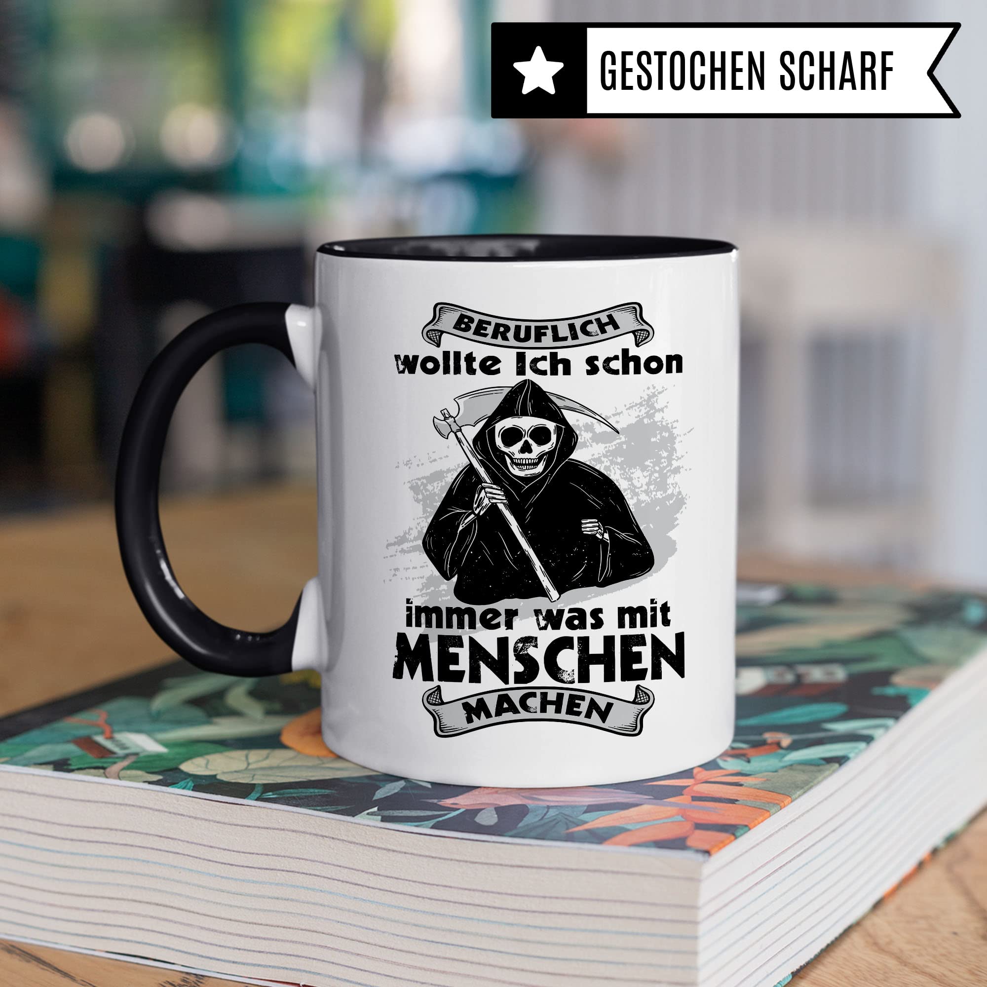 Tasse mit lustigem Spruch "Sensenmann" Kaffee-Becher für Fans von schwarzem Humor