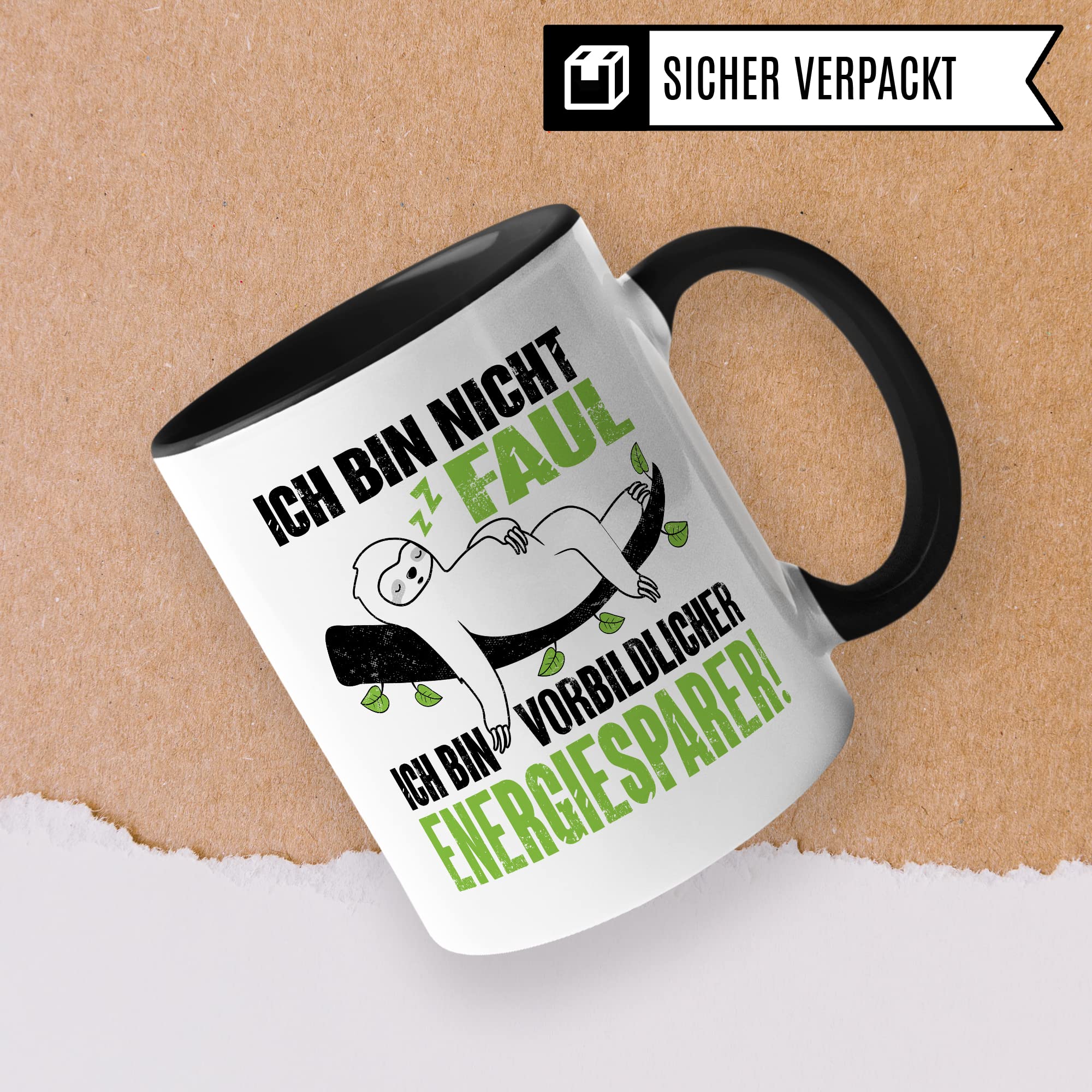 Tasse Energiesparer Geschenk, Ich bin nicht faul Ich bin vorbildlicher Energiesparer Geschenkidee Kaffeetasse mit Spruch lustig Kaffee-Becher Witztasse umweltfreundlich Faulheit Faultier