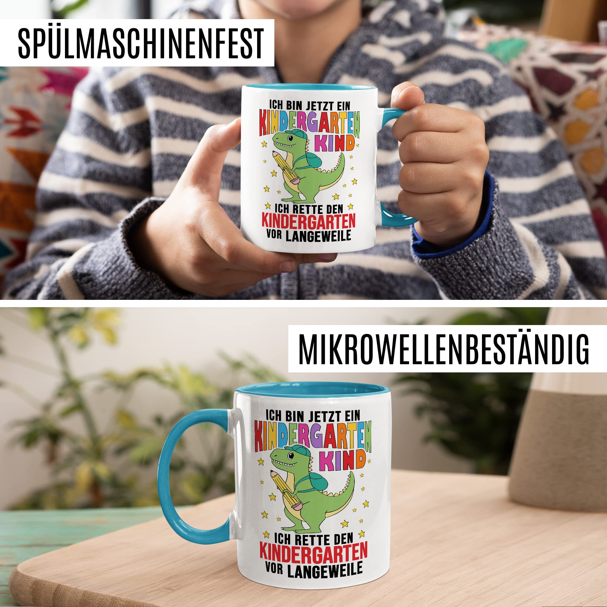 Tasse Kindergartenkind, Ich bin jetzt ein Kindergartenkind - ich rette den Kindergarten vor Langeweile Geschenkidee Kind Kaffeetasse mit Spruch lustig Kaffee-Becher Witztasse