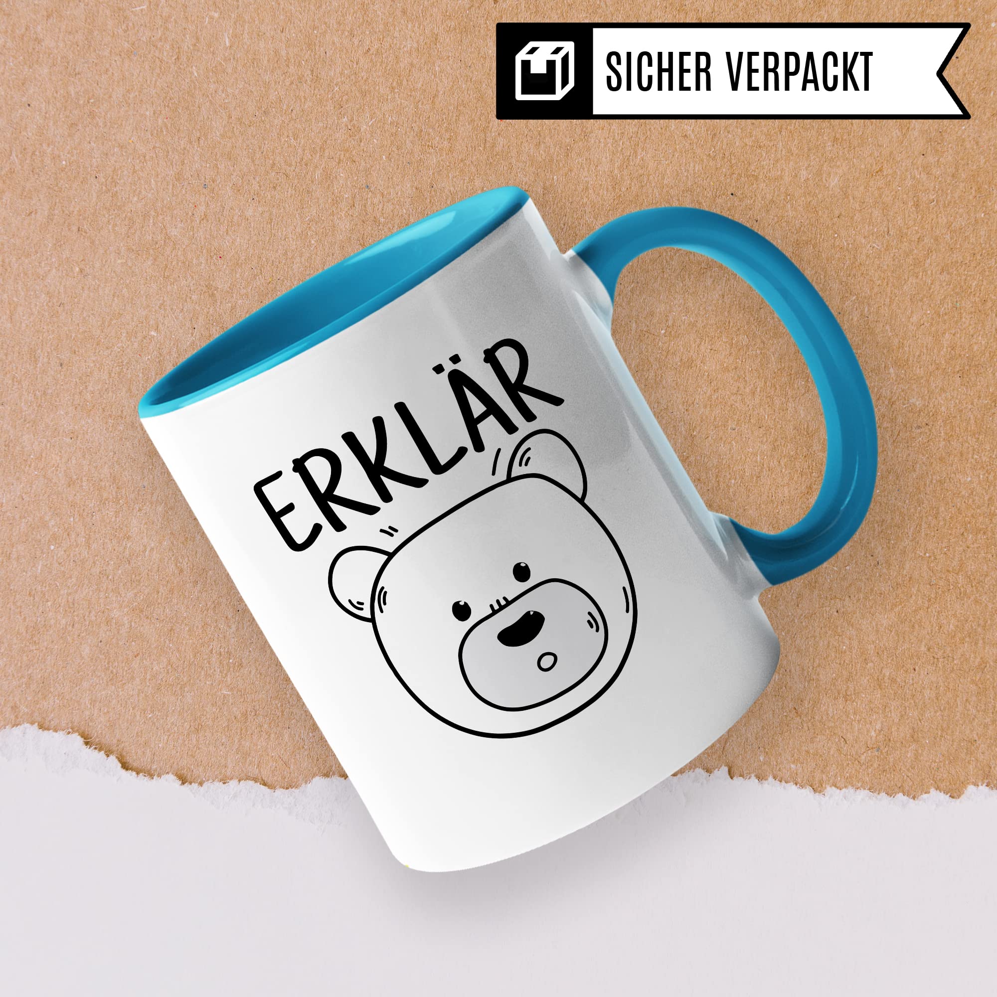 Tasse Erklärbär Geschenk Tasse mit Wortspiel Geschenkidee Kaffeetasse Tasse mit Spruch lustig Bären-Motiv Kaffee-Becher Teetasse Witztasse Humor Witz Deutschlehrer Germanistik