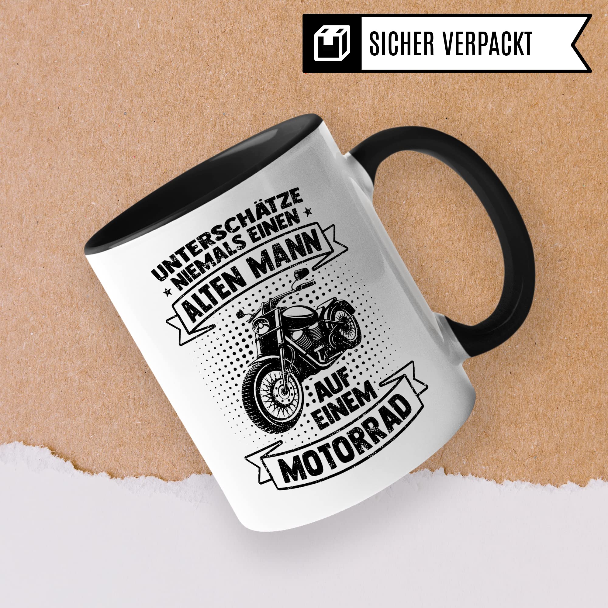 Motorrad Tasse, Unterschätze niemals einen alten Mann auf einem Motorrad, Biker Geschenk Spruch lustig Motiv Geschenkidee Kaffeetasse Motorradfahrer Männer Kaffeebecher