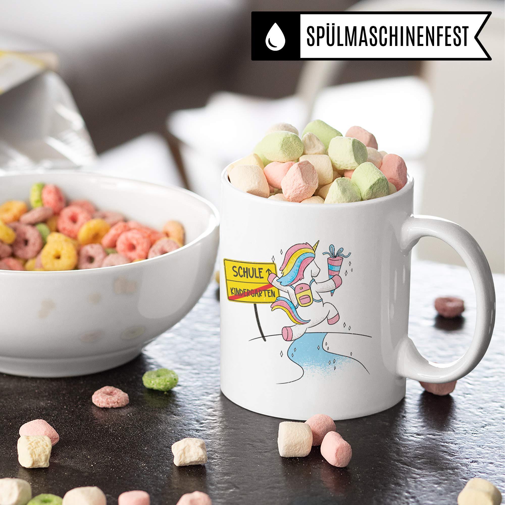 Pagma Druck Tasse Einschulung, Geschenk zur Einschulung Mädchen, Schulbeginn Schulanfang Mädchen Becher, Schulkind Mädchen, Erster Schultag Deko Teetasse Einschulungsgeschenke Einhorn