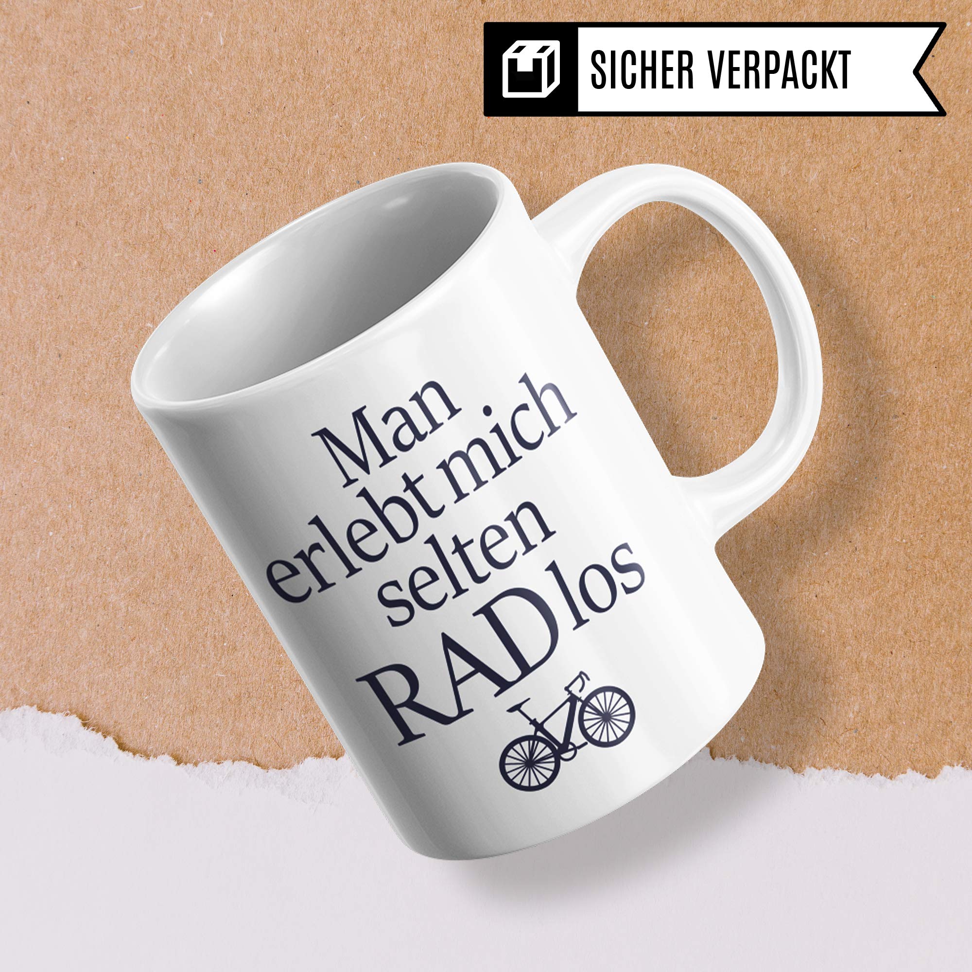 Fahrrad Tasse mit "RADlos" Spruch - Kaffeebecher für Fahrradfahrer mit Rad Motiv